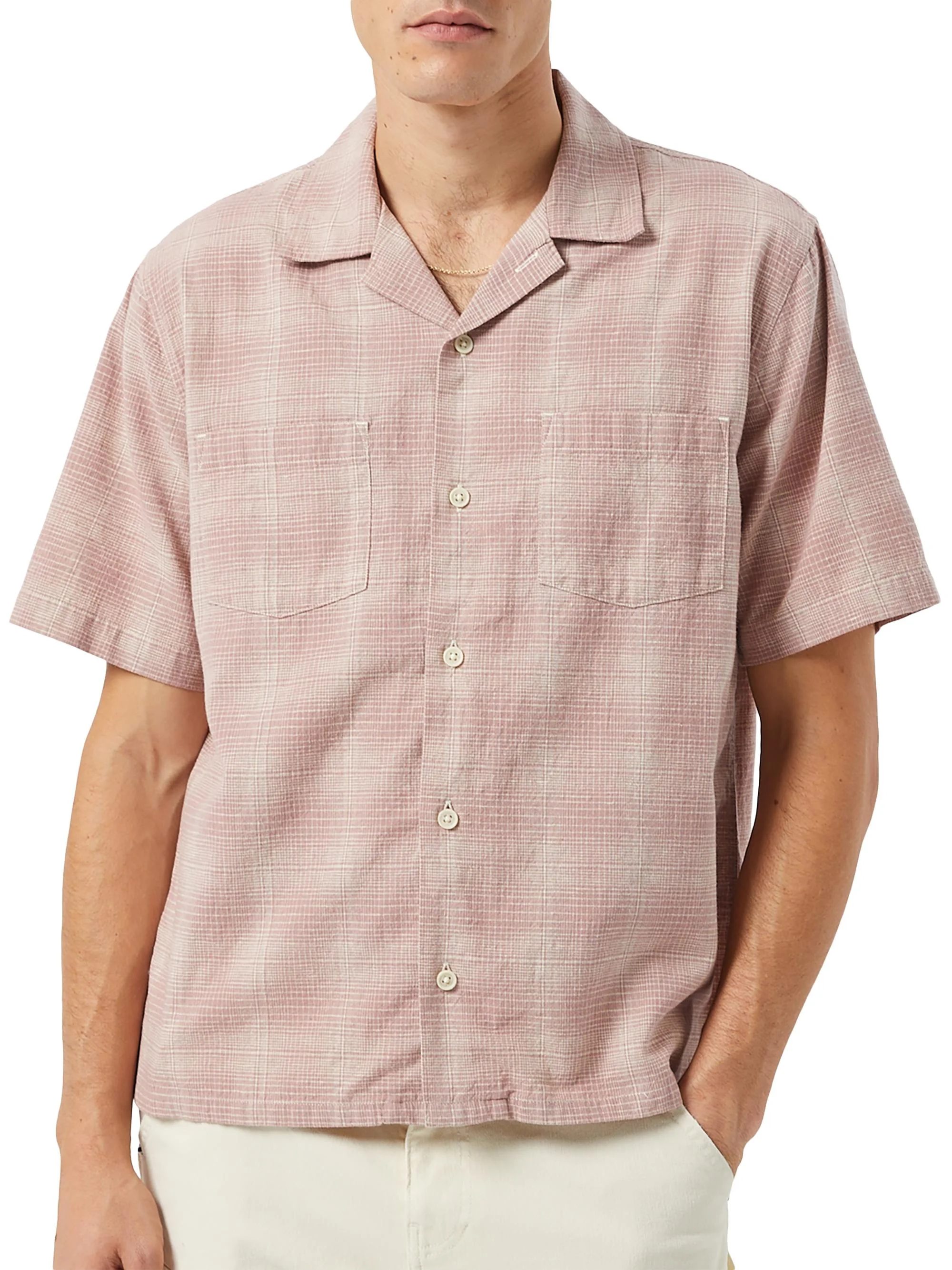 Men's Plaid Cotton-Linen Camp Shirt - Pink - 1
