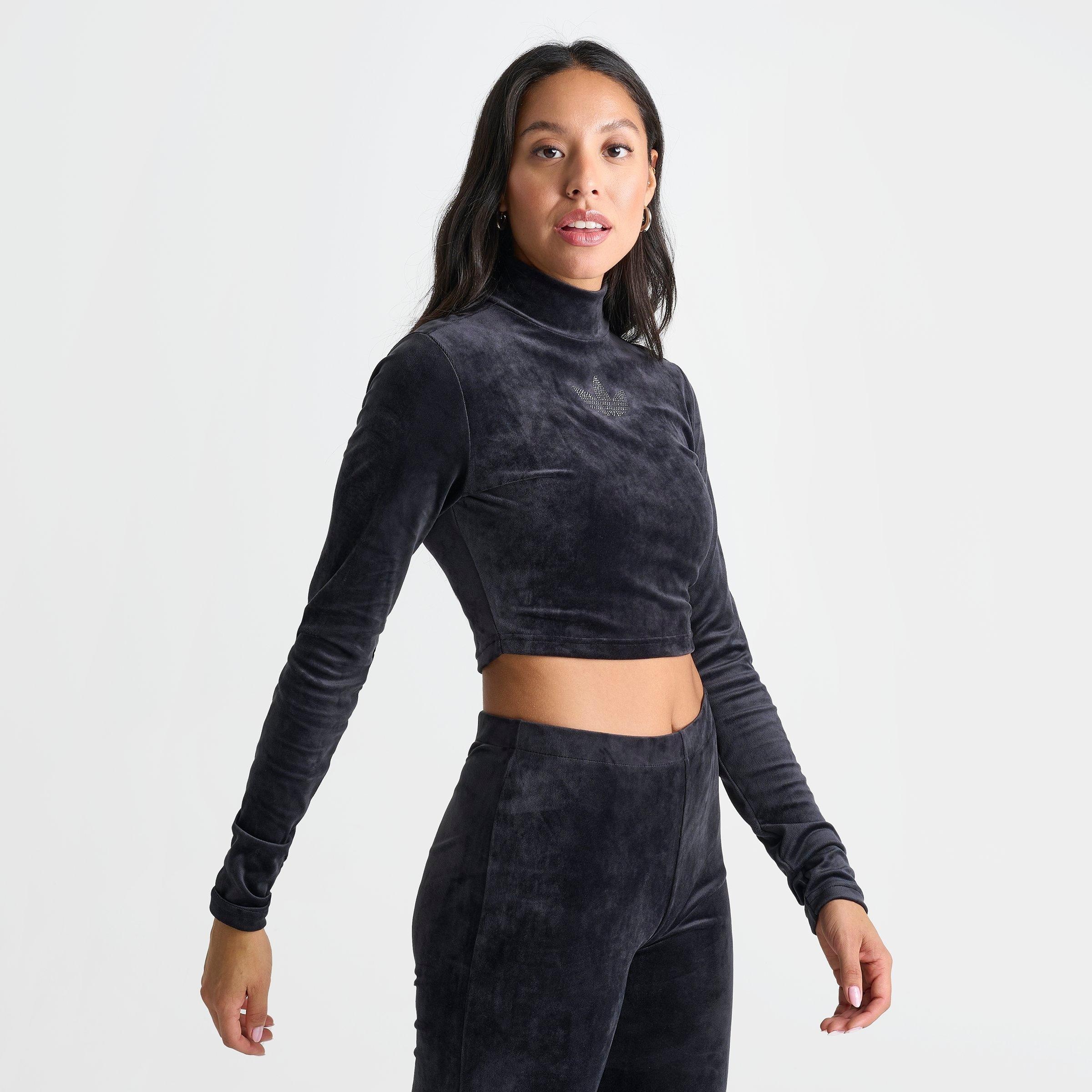 ■adidas■ Rhinestone Velvet Long Sleeve Crop Top Black IW56 adidas Long Sleeve Rhinestone Trefoil Velvet Crop Top