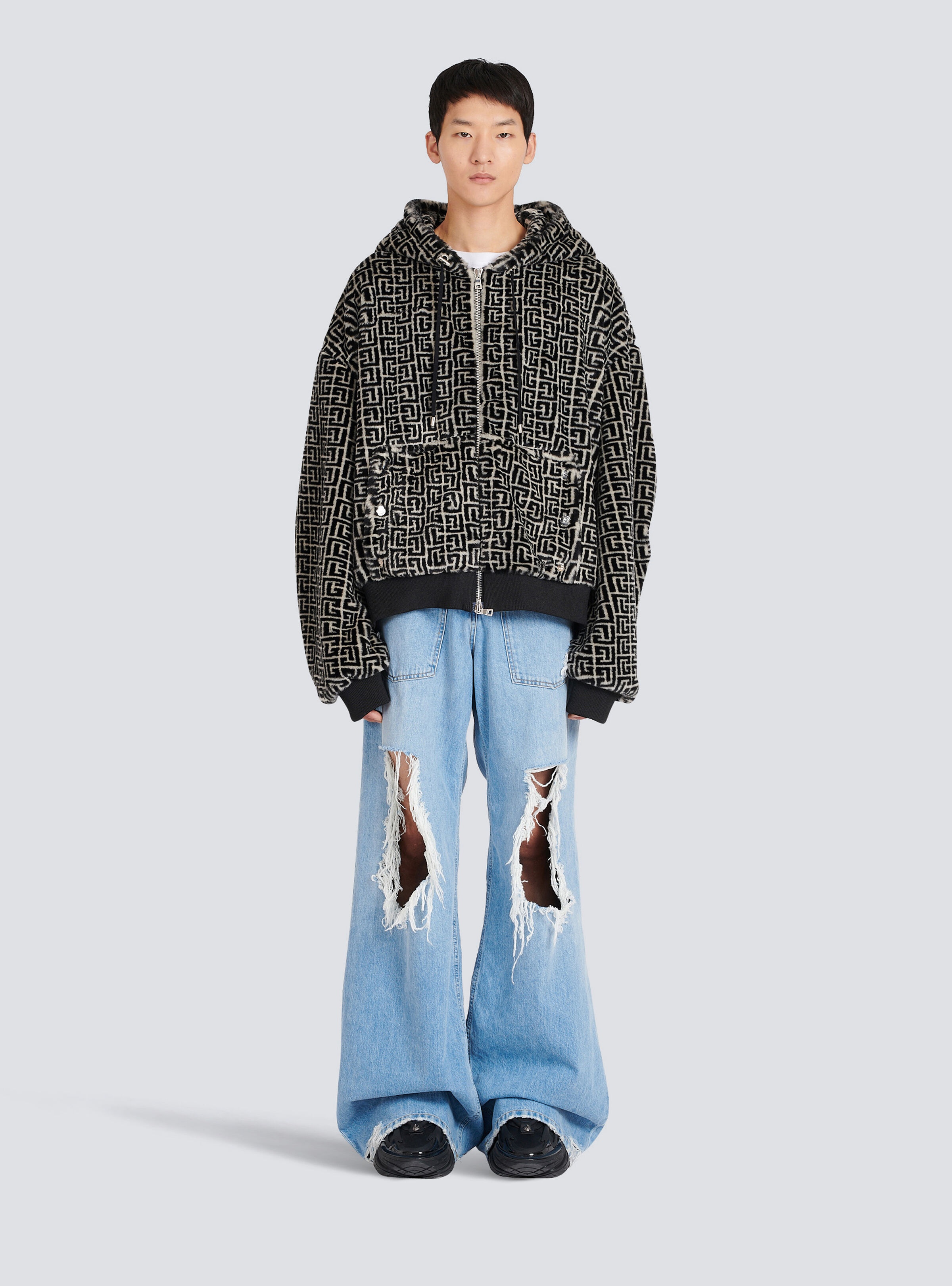 Hooded faux fur sweatshirt with Balmain monogram - 3