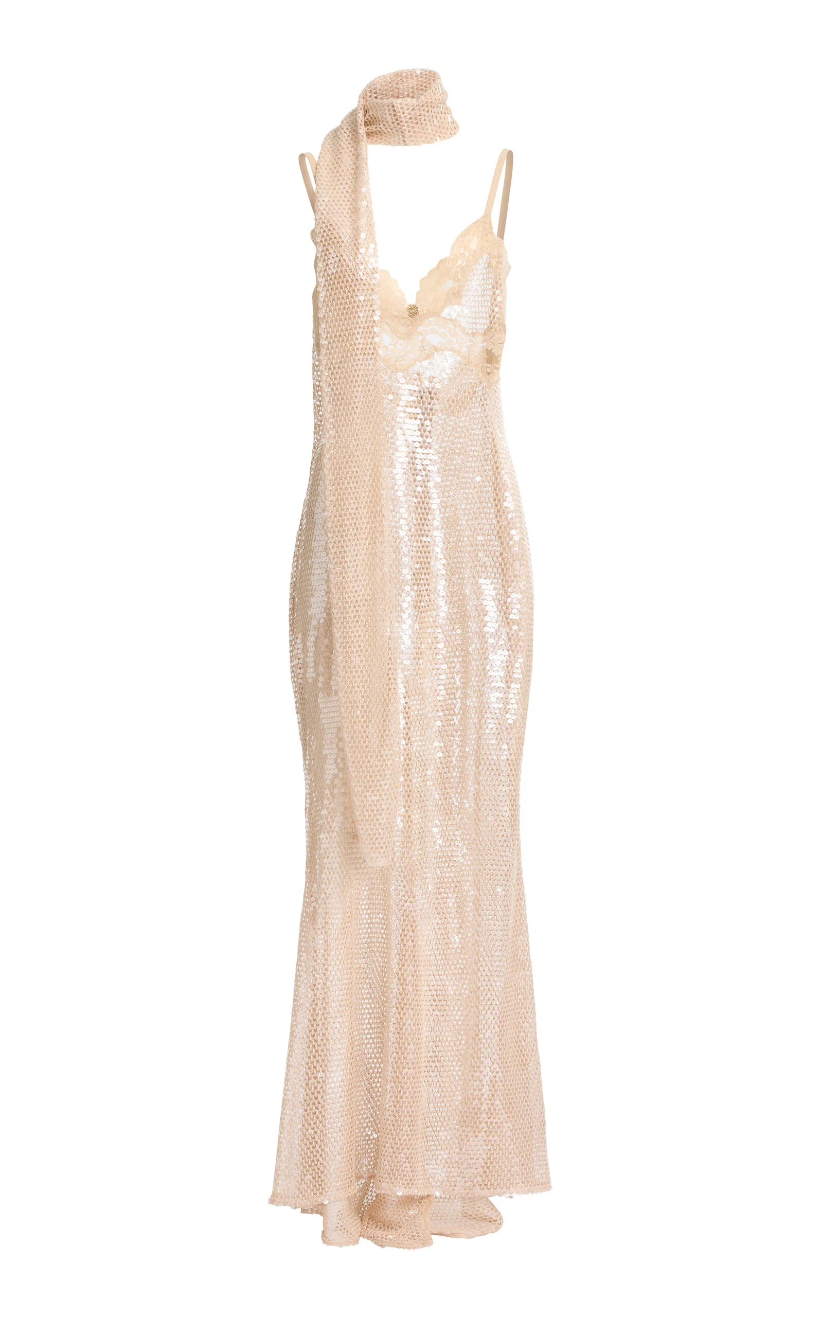 Sequin Mesh Long Dress With Lace Border nude - 1