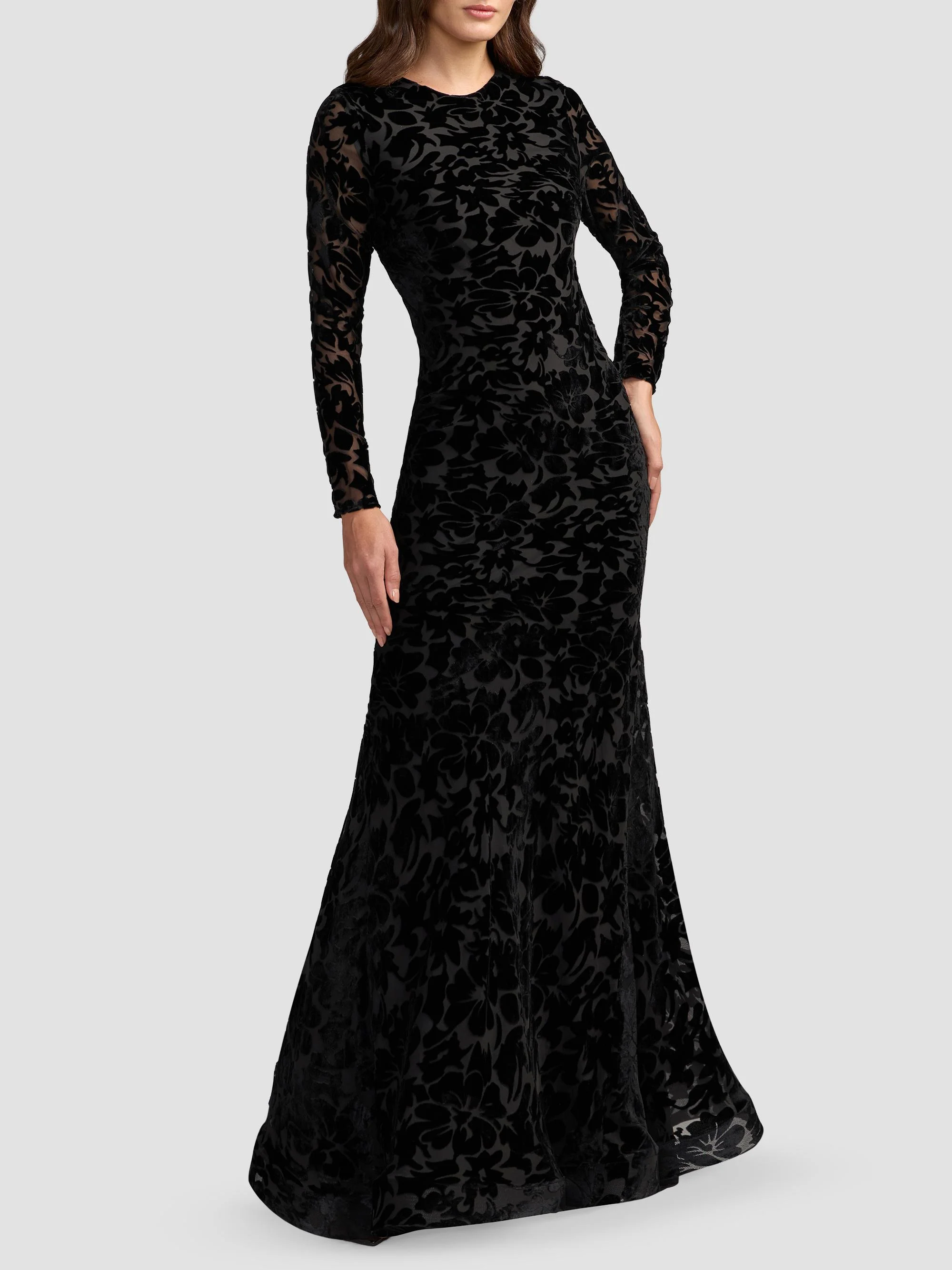 Women's Floral Burnout Velvet Mermaid Gown - Black - 1