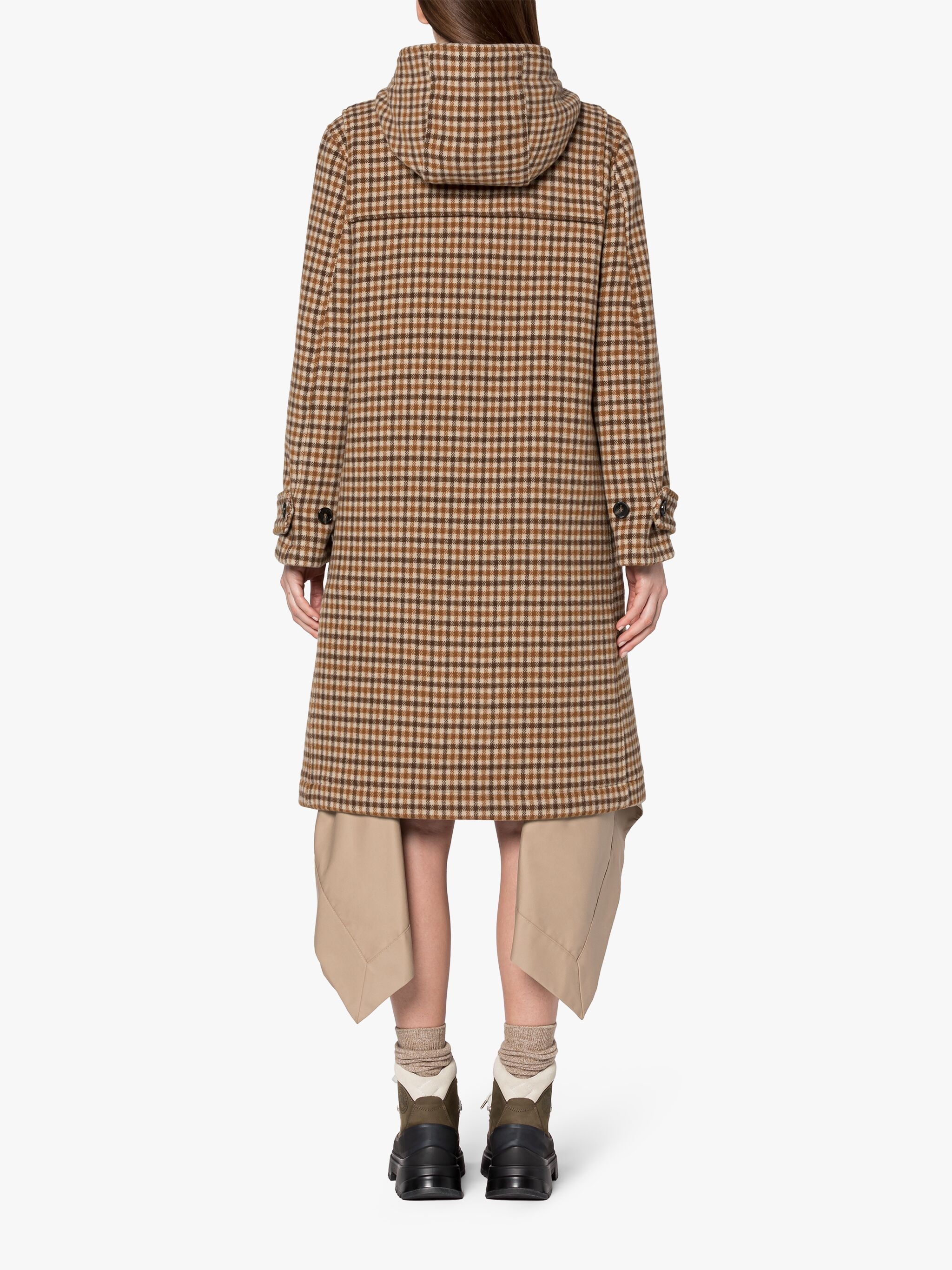 INVERALLAN BROWN CHECK WOOL DUFFLE COAT - 4