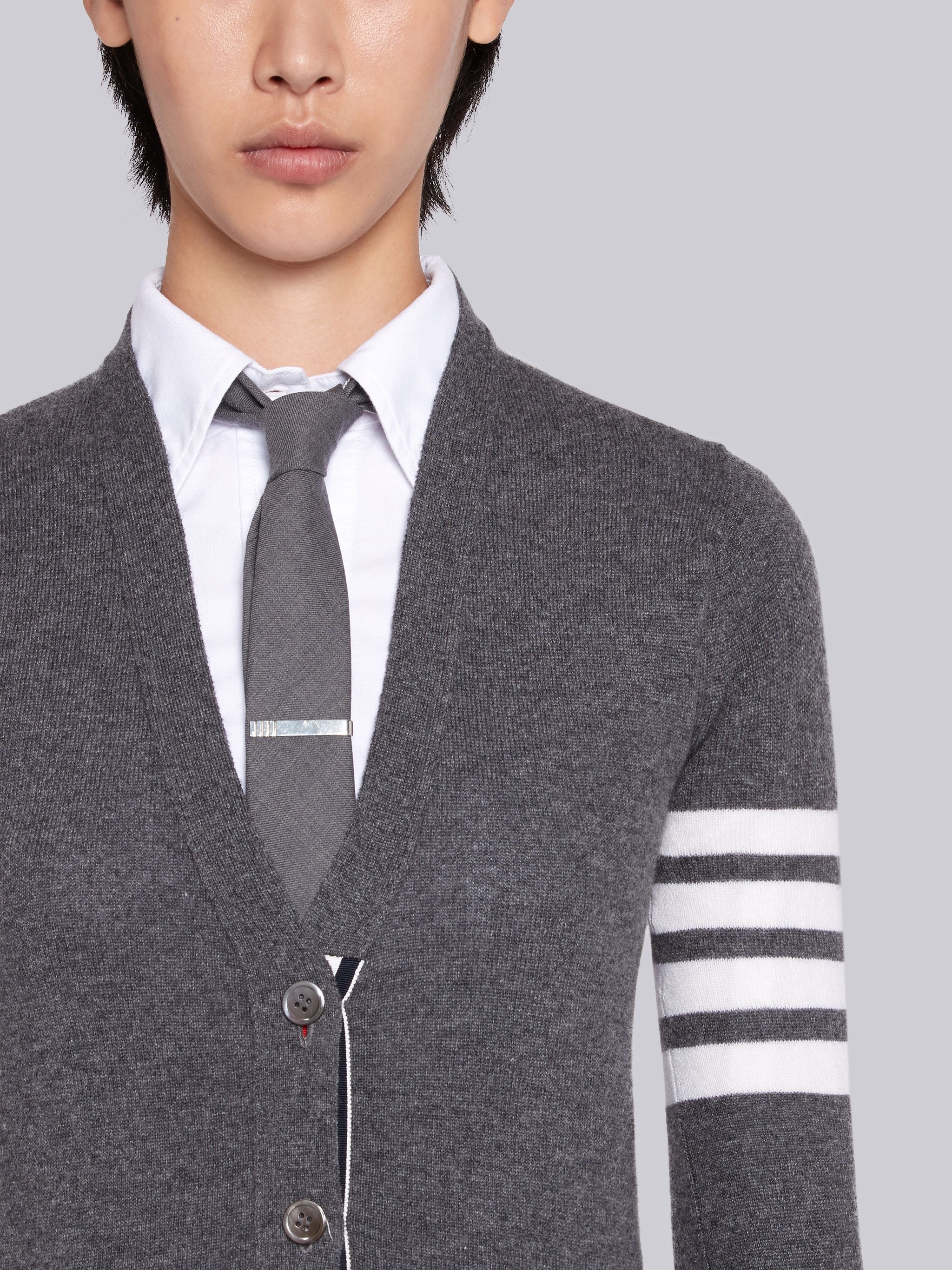 Medium Grey Cashmere 4-Bar V-Neck Cardigan - 5