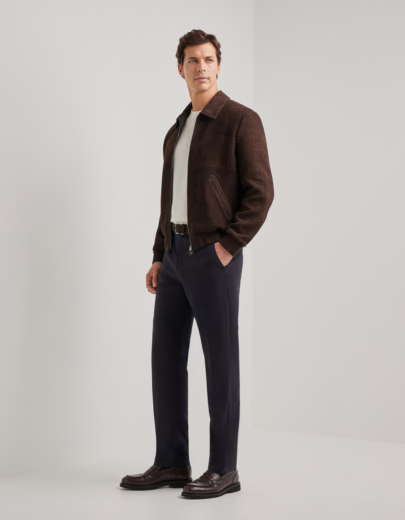 CARAMEL MIXED-MATERIAL ULTRALIGHT SUEDE BOMBER JACKET WITH KNIT INSERTS 57