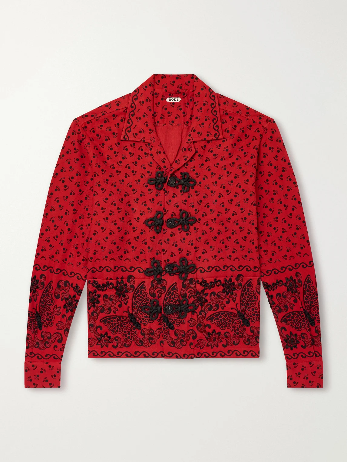 Camp-Collar Embellished Printed Cotton-Poplin Shirt - 1