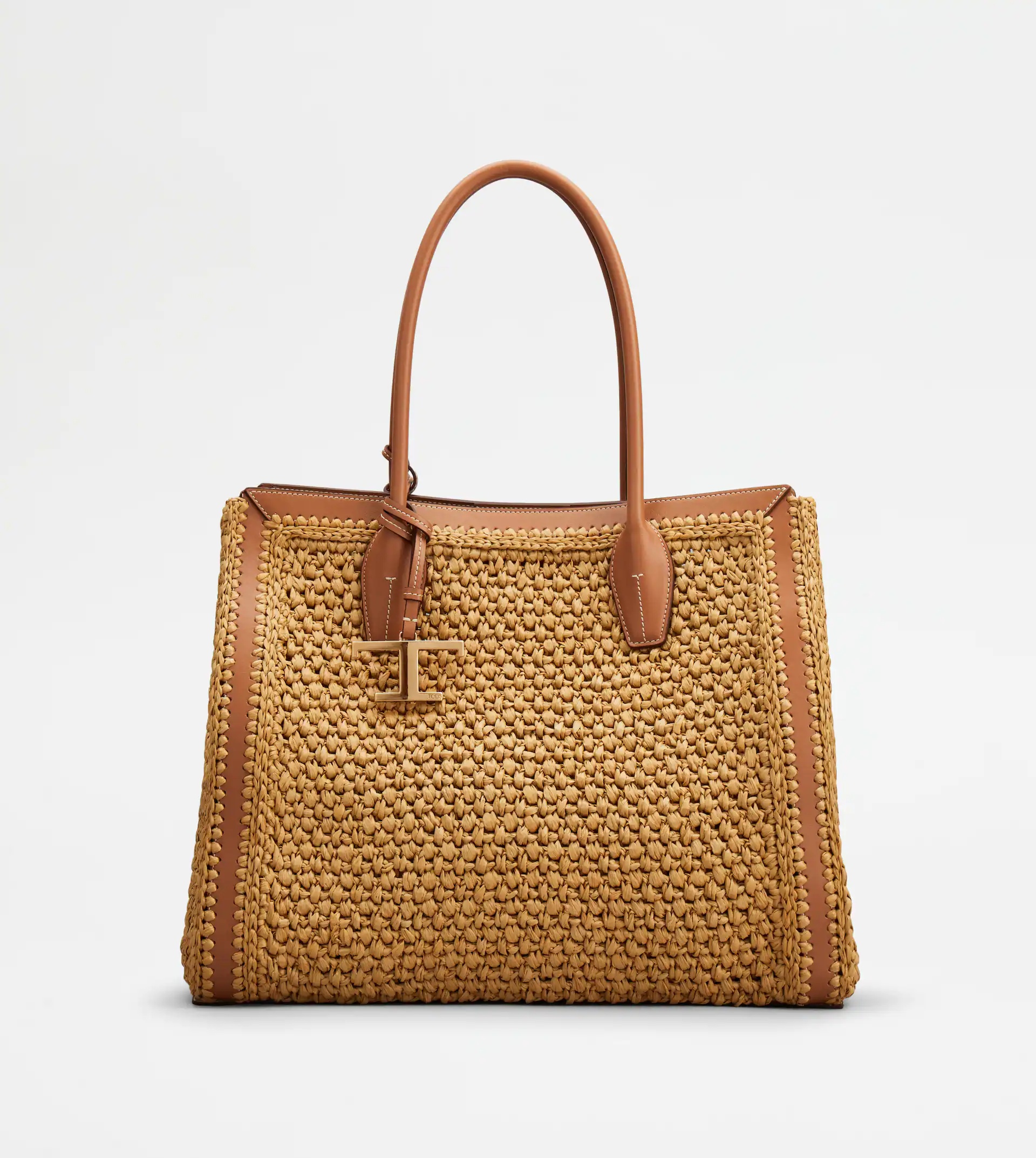 SHOPPING BAG IN RAFFIA AND LEATHER MEDIUM - BEIGE, BROWN - 1