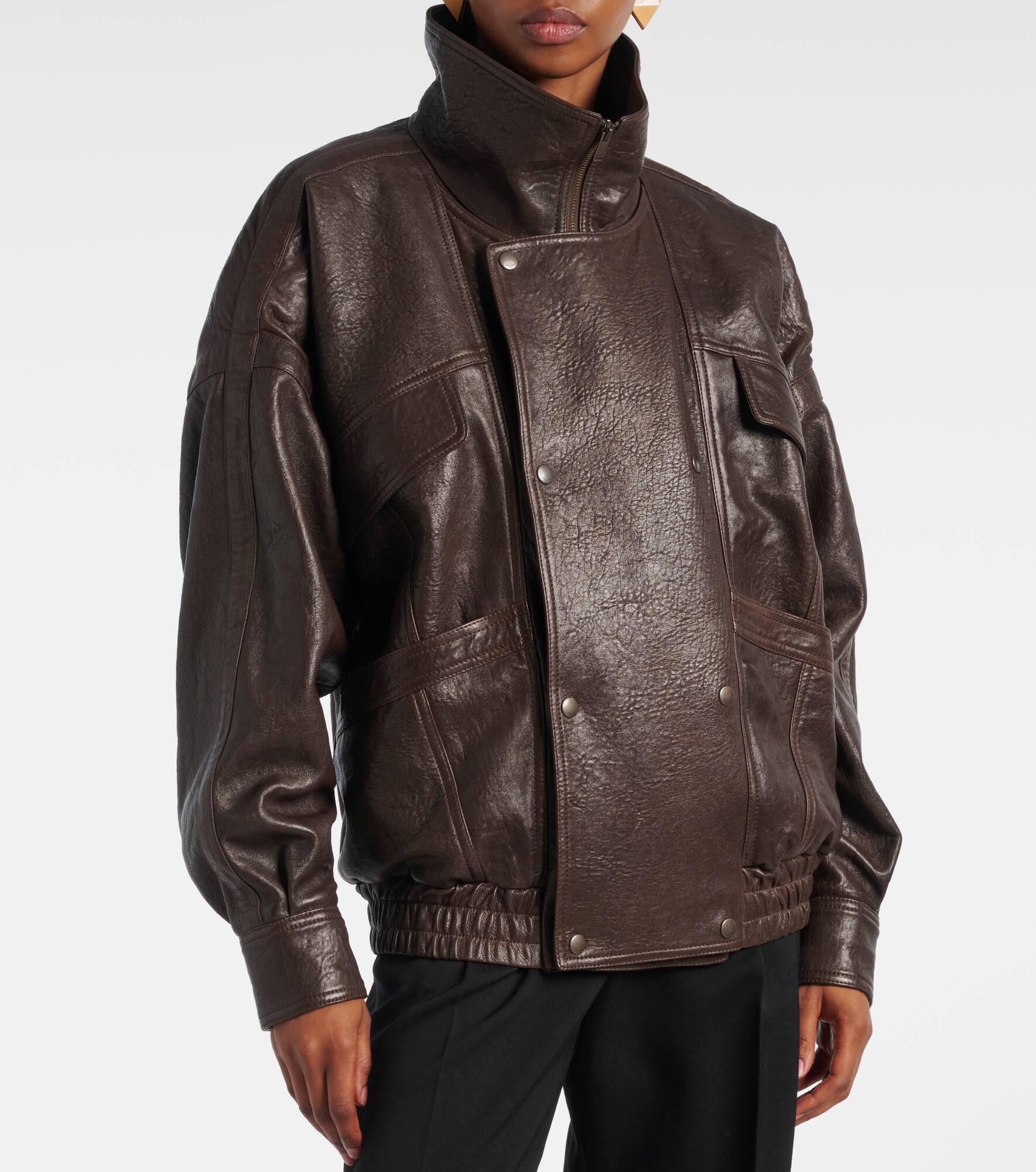 Double-breasted leather bomber jacket - 6