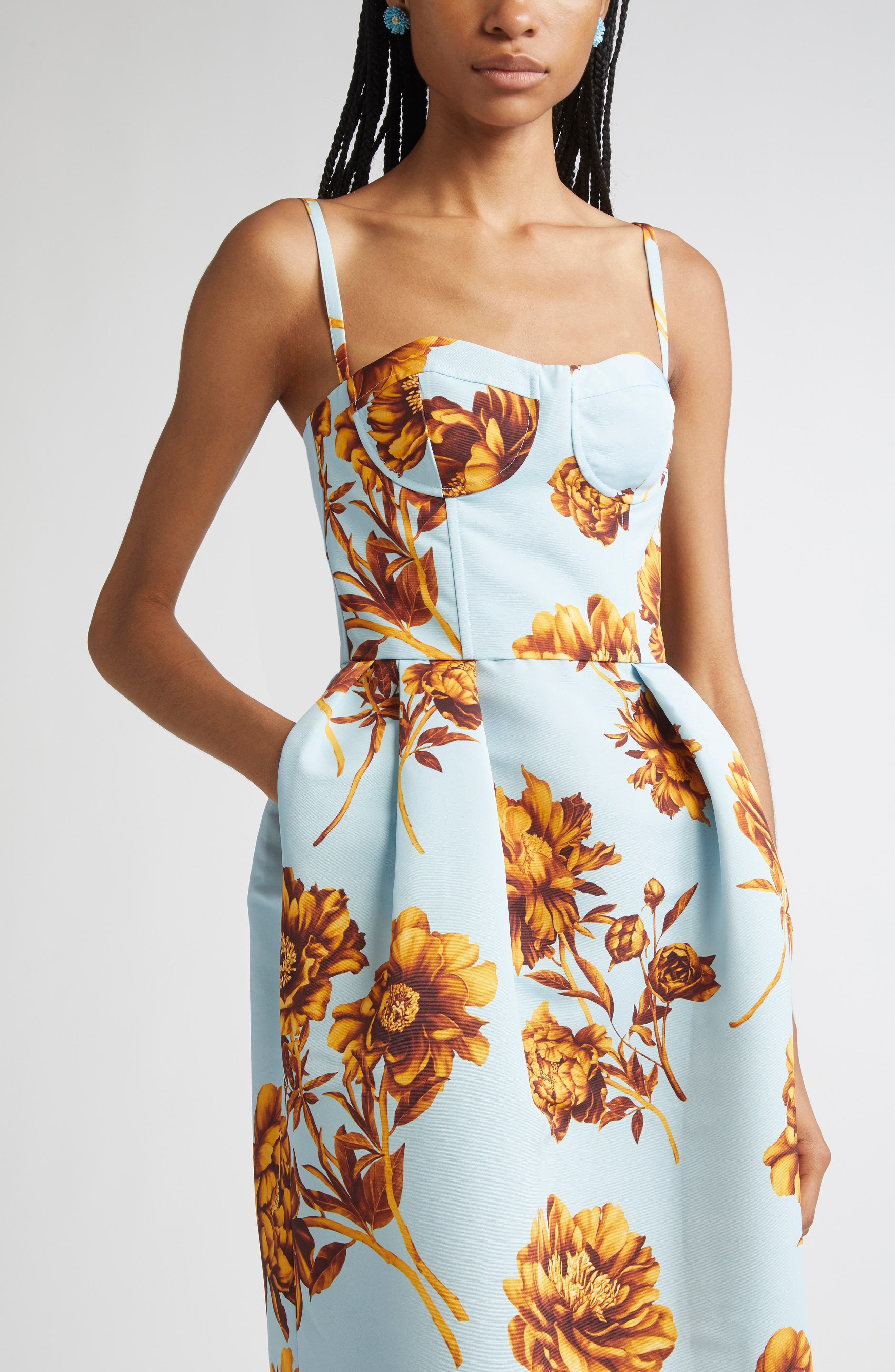 Oscar de la Renta Tonal Peony Print Faille Bustier Gown in Brown/Ice Blue at Nordstrom - 4