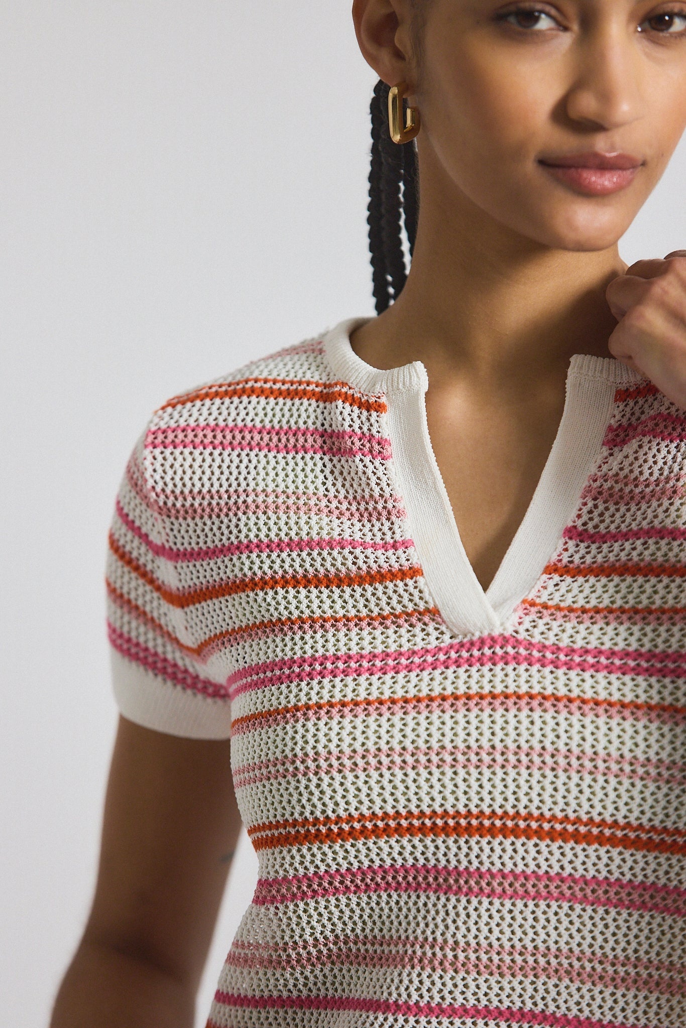 ANDY CORDED MESH SPLIT NECK SHORT SLEEVE SWEATER - 3