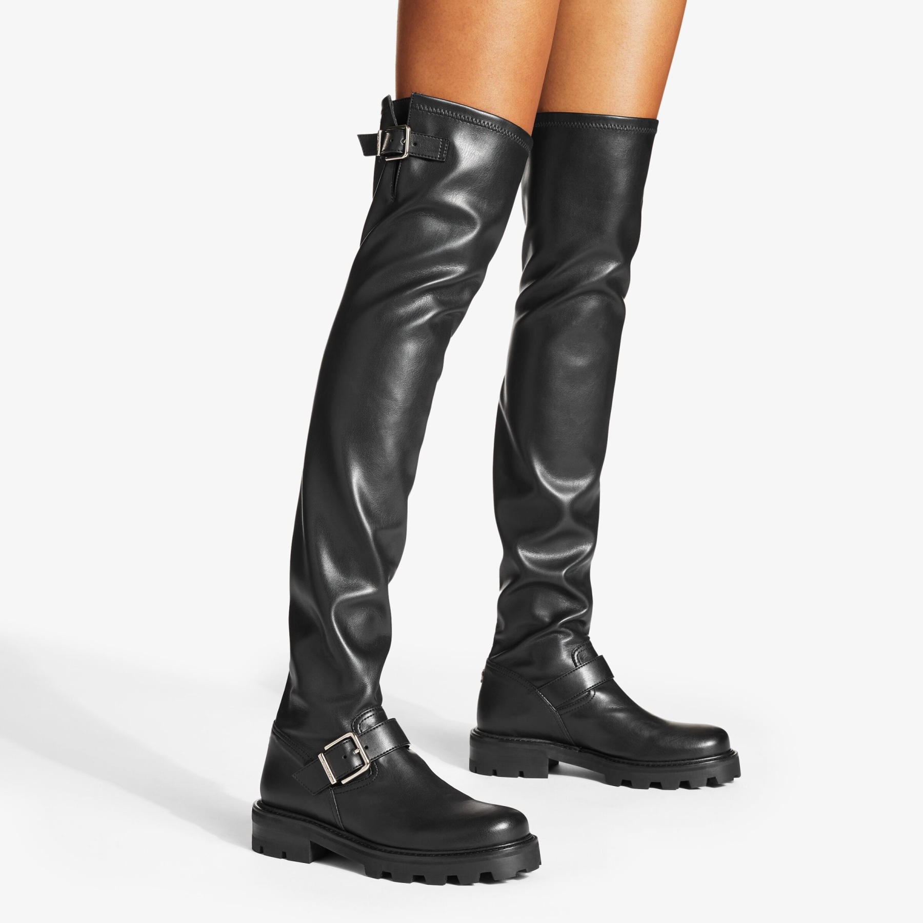 Biker II OTK Flat, Black Stretch Bonded Fabric Knee-High Biker Boots