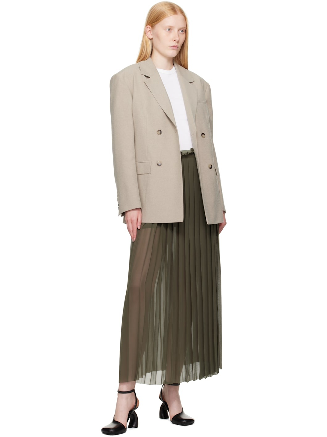 Khaki Pleated Midi Skirt - 4