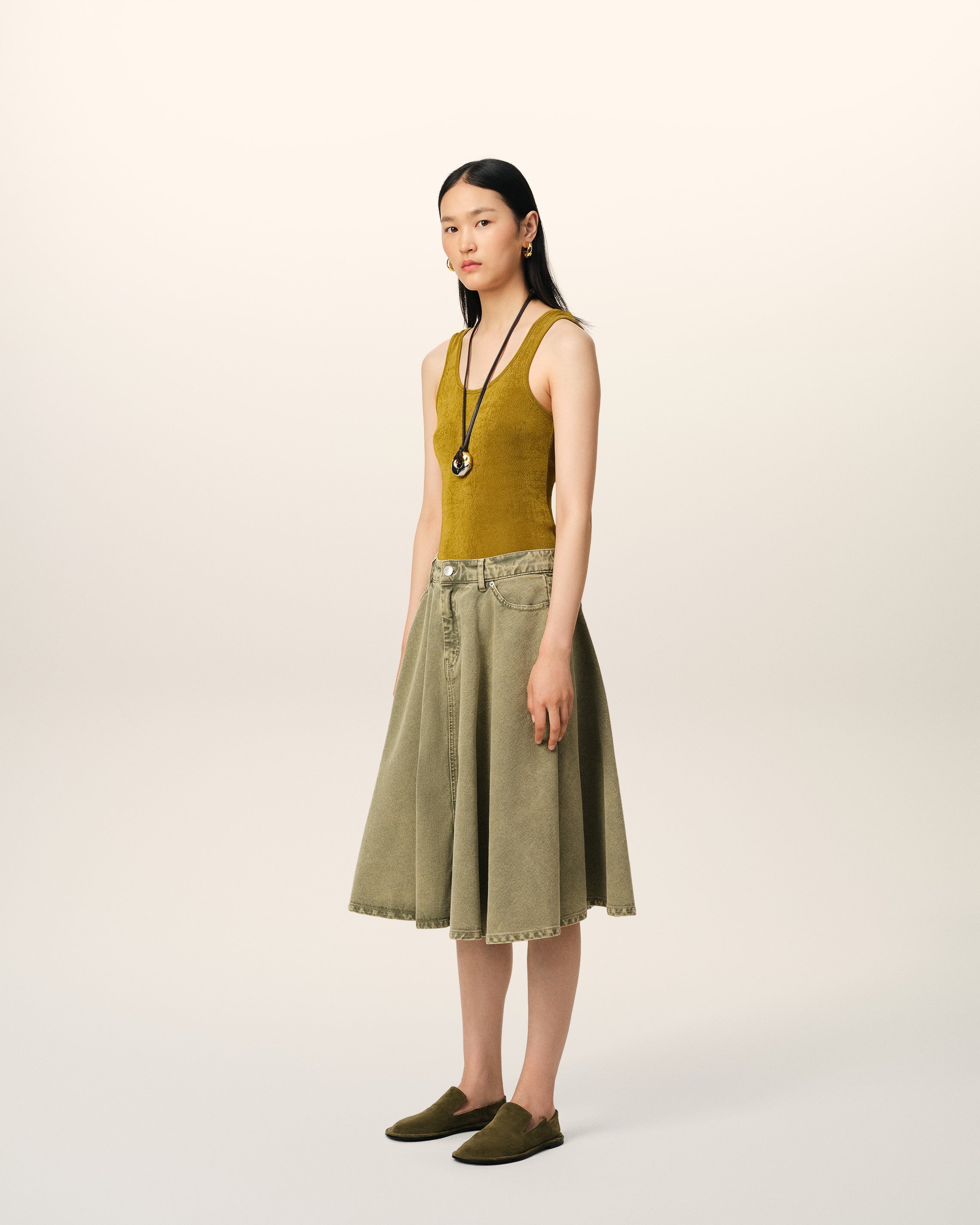 GREEN COTTON MIDI SKIRT WITH GODETS - 6