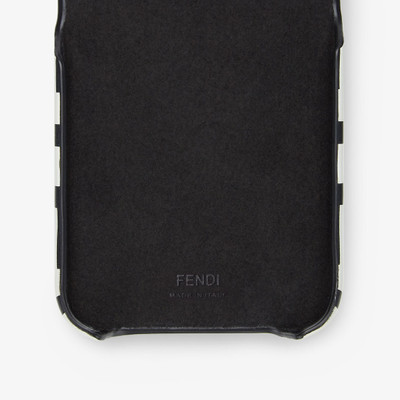 FENDI iPhone® 13 Pro case with ring. Made of leather printed with the Fendi Roma logo in black and white,  outlook
