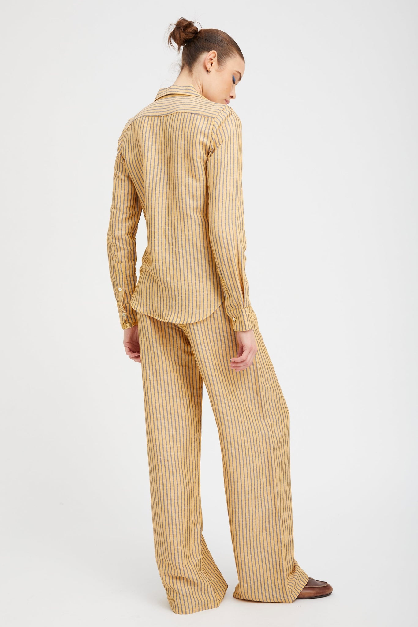 YELLOW INDIGO STRIPED LINEN EASY PANTS - 4