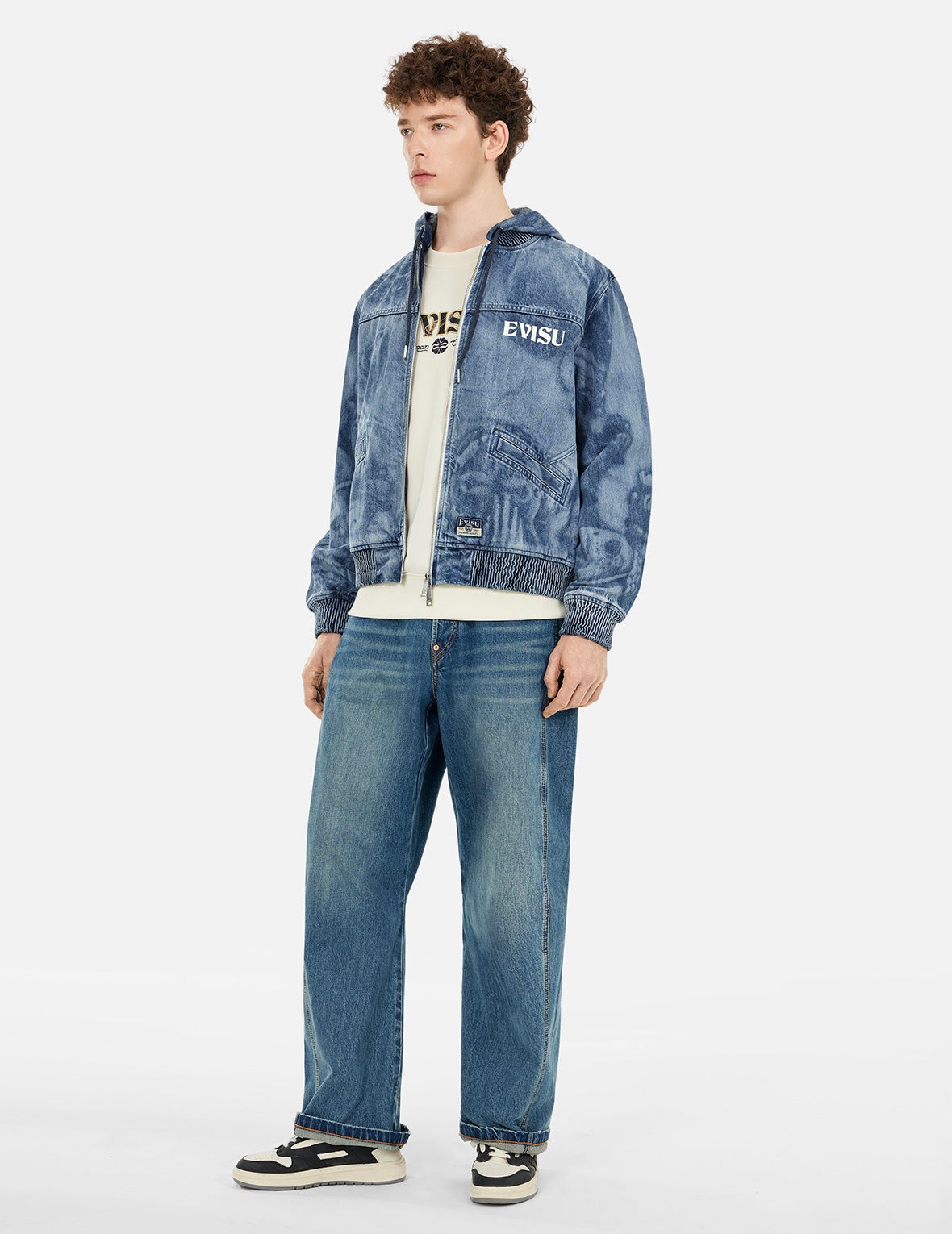 Fisherman Godhead Laser Print Loose Fit Hooded Denim Jacket - 3