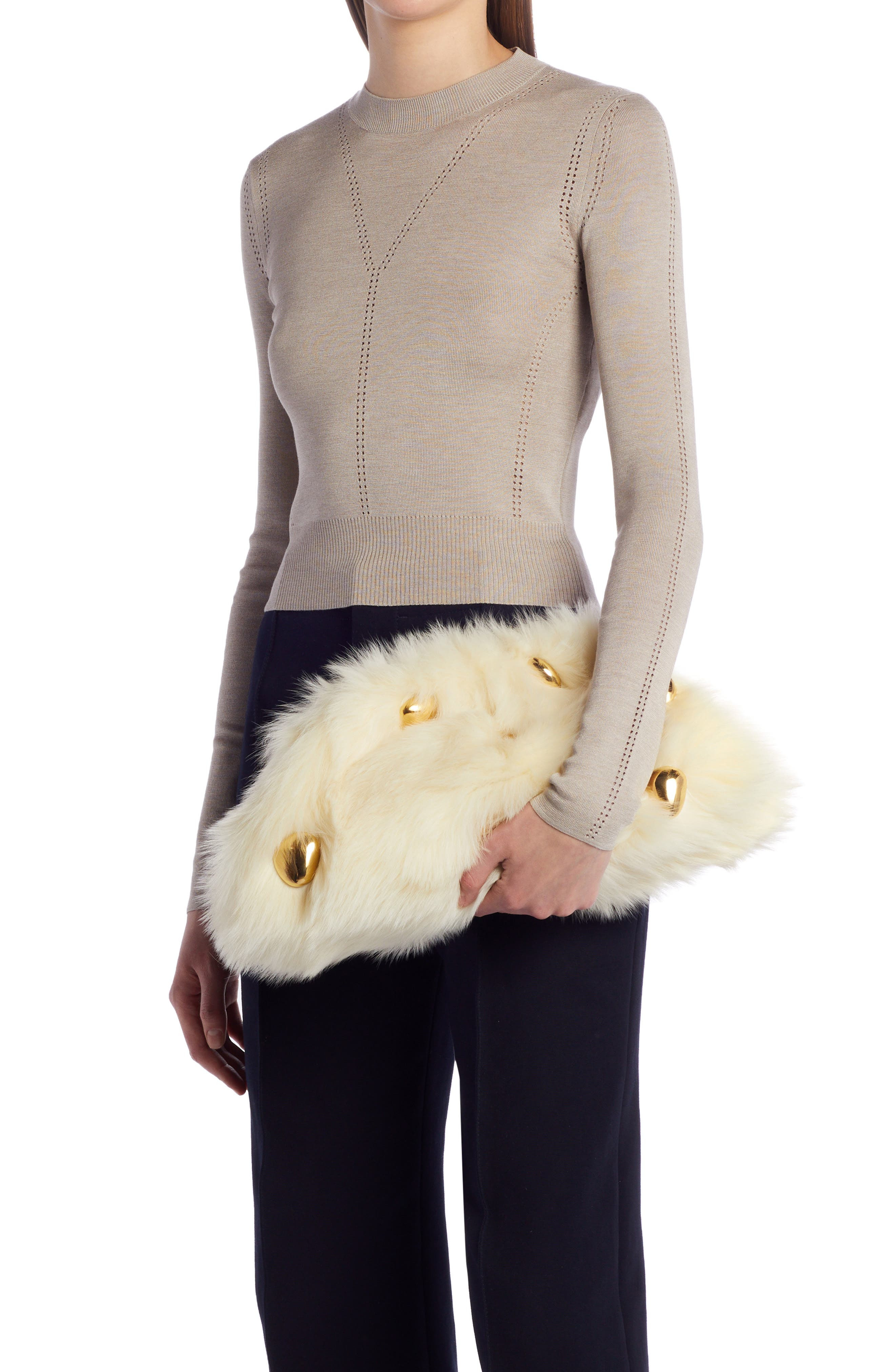 The Pouch Stud Embellished Genuine Shearling Clutch - 2