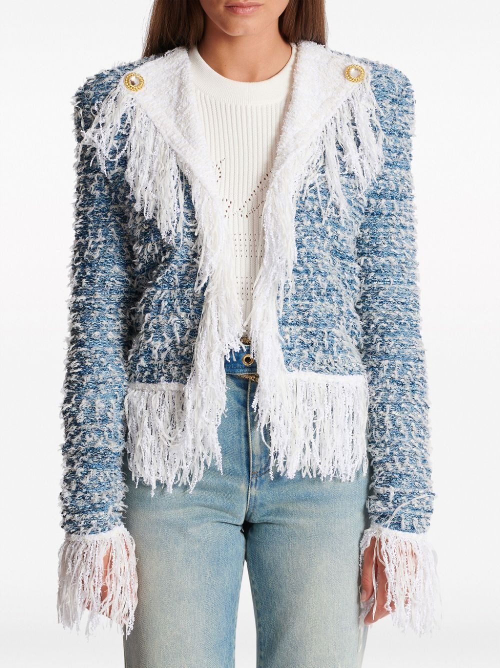 fringed denim tweed jacket - 5