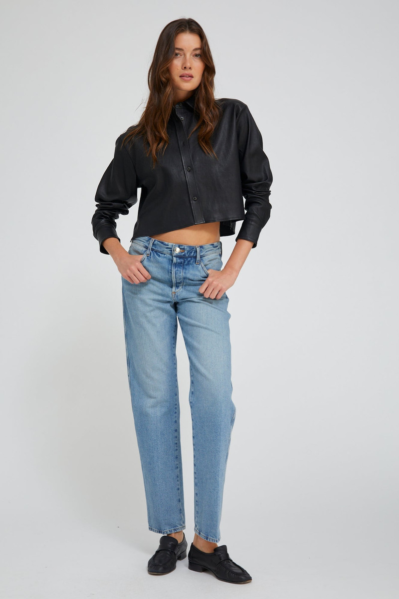 SPRWMN BLACK LEATHER CROPPED BUTTON DOWN outlook