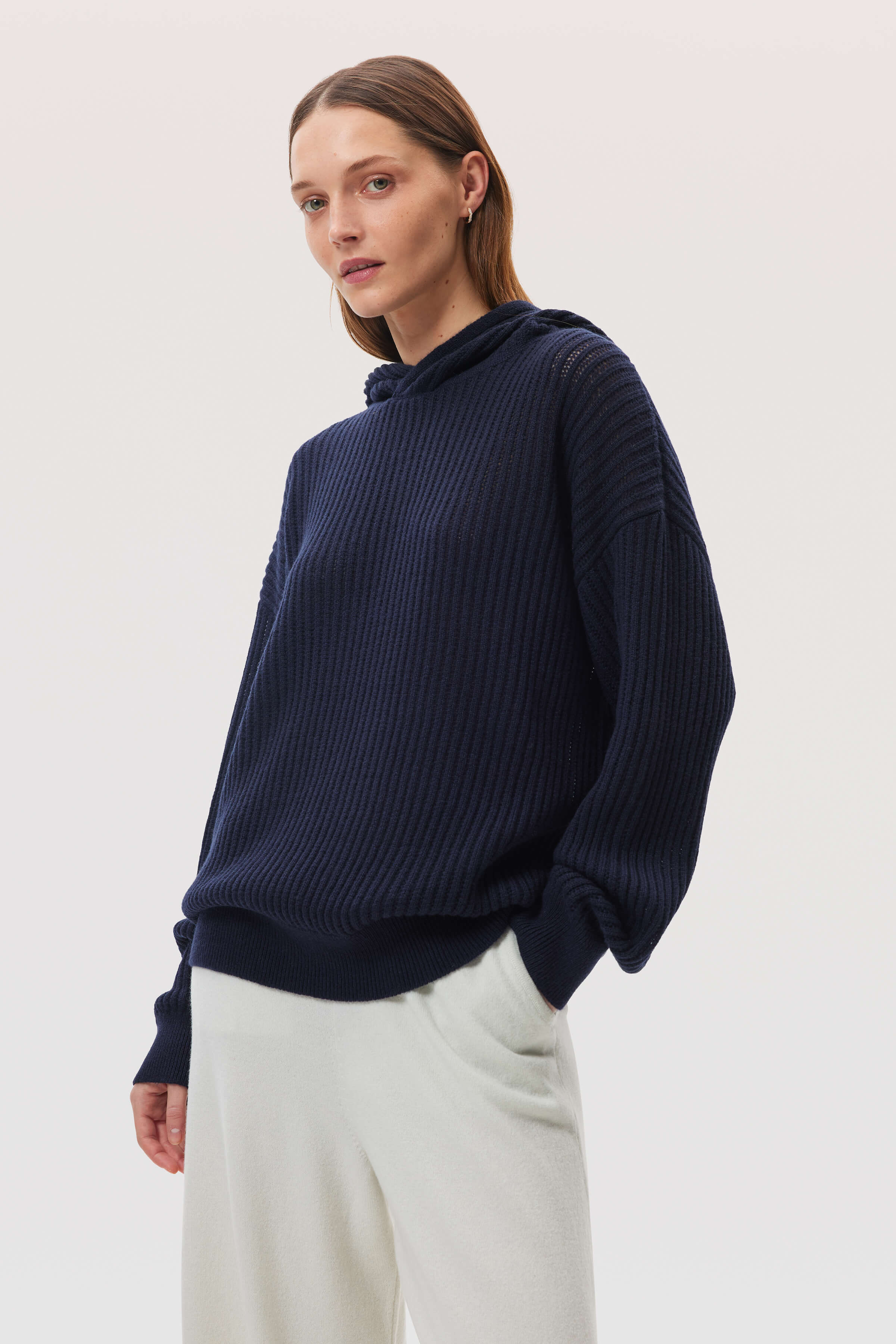 Mesh Rib Cashmere Navy Hoodie - 6