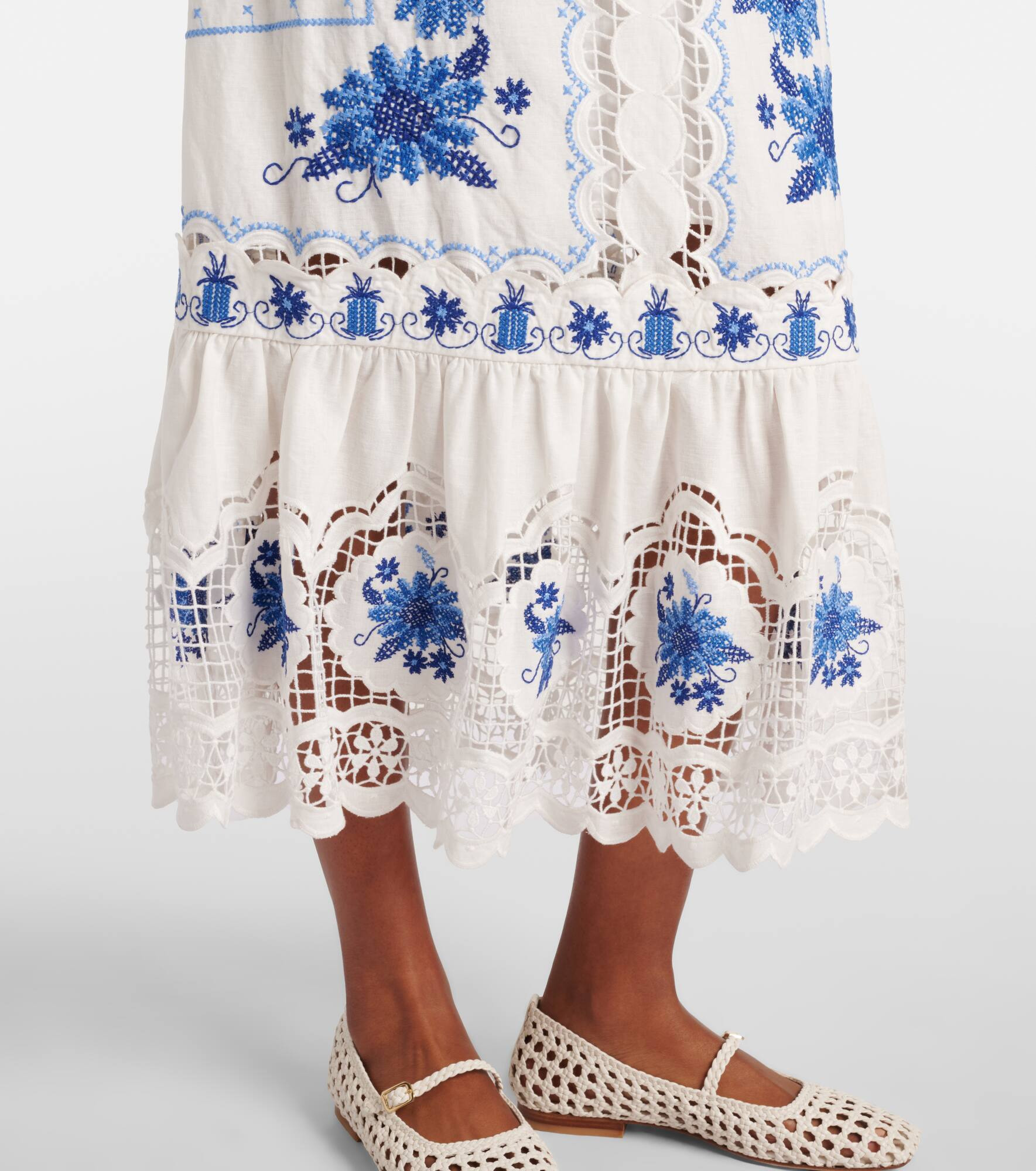 Embroidered linen-blend midi dress - 5
