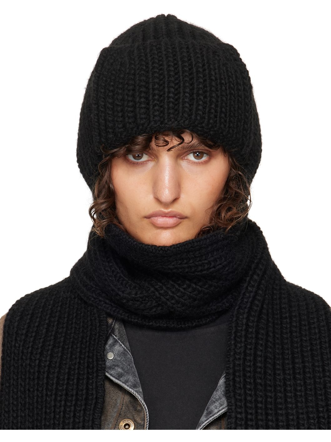 Black Chunky Muffler Beanie - 1