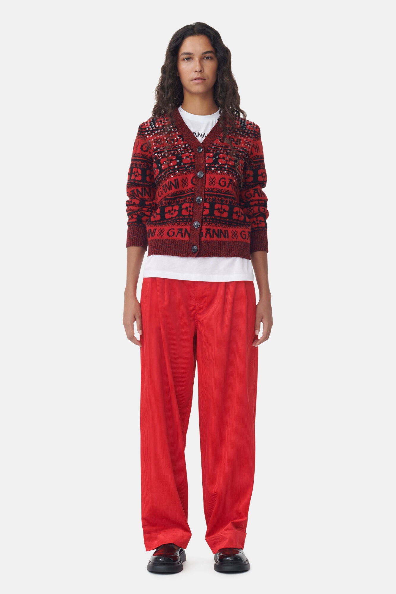 RED SEQUINS LOGO WOOL MIX CARDIGAN - 3