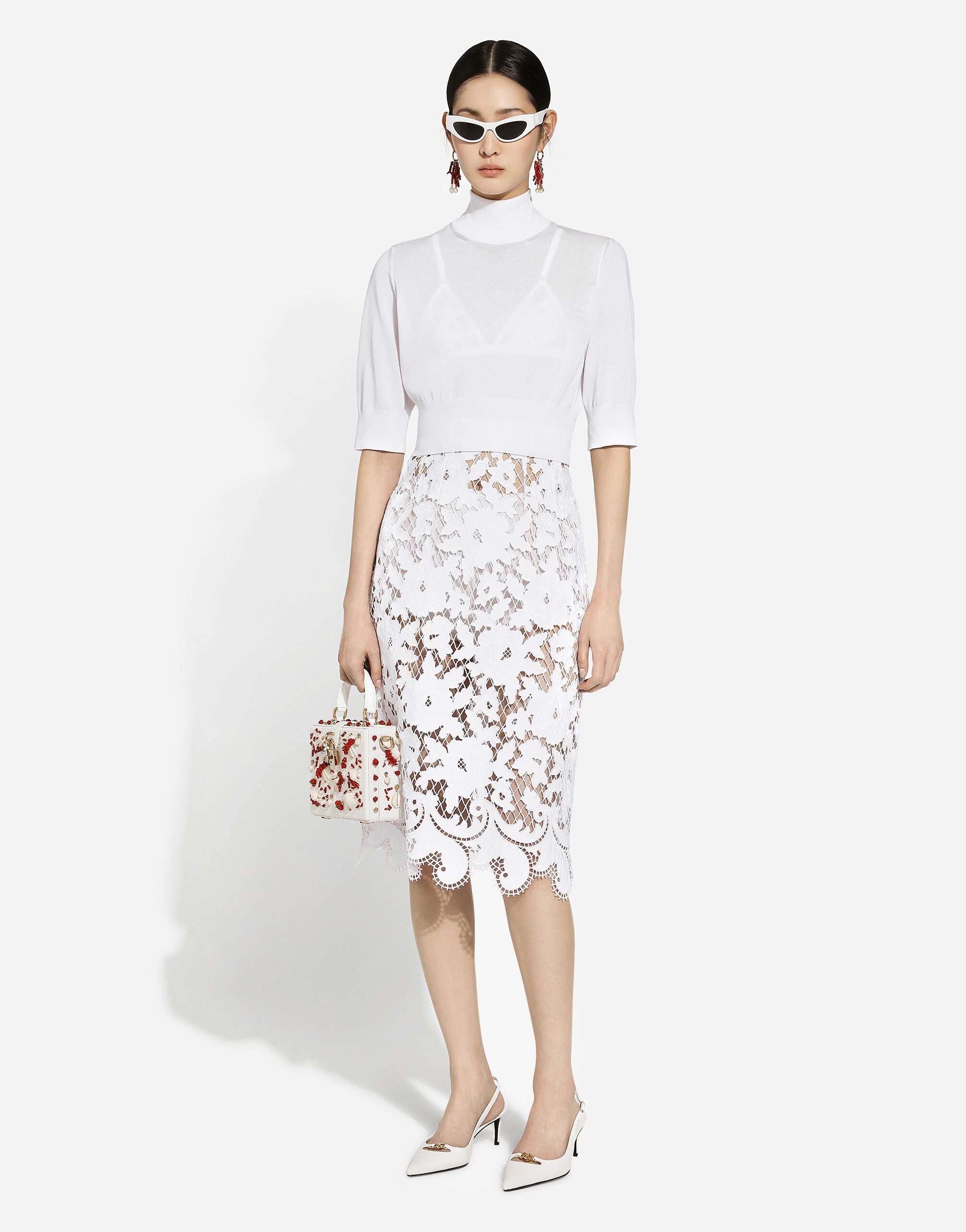 Cotton midi skirt with floral openwork detailing - 7