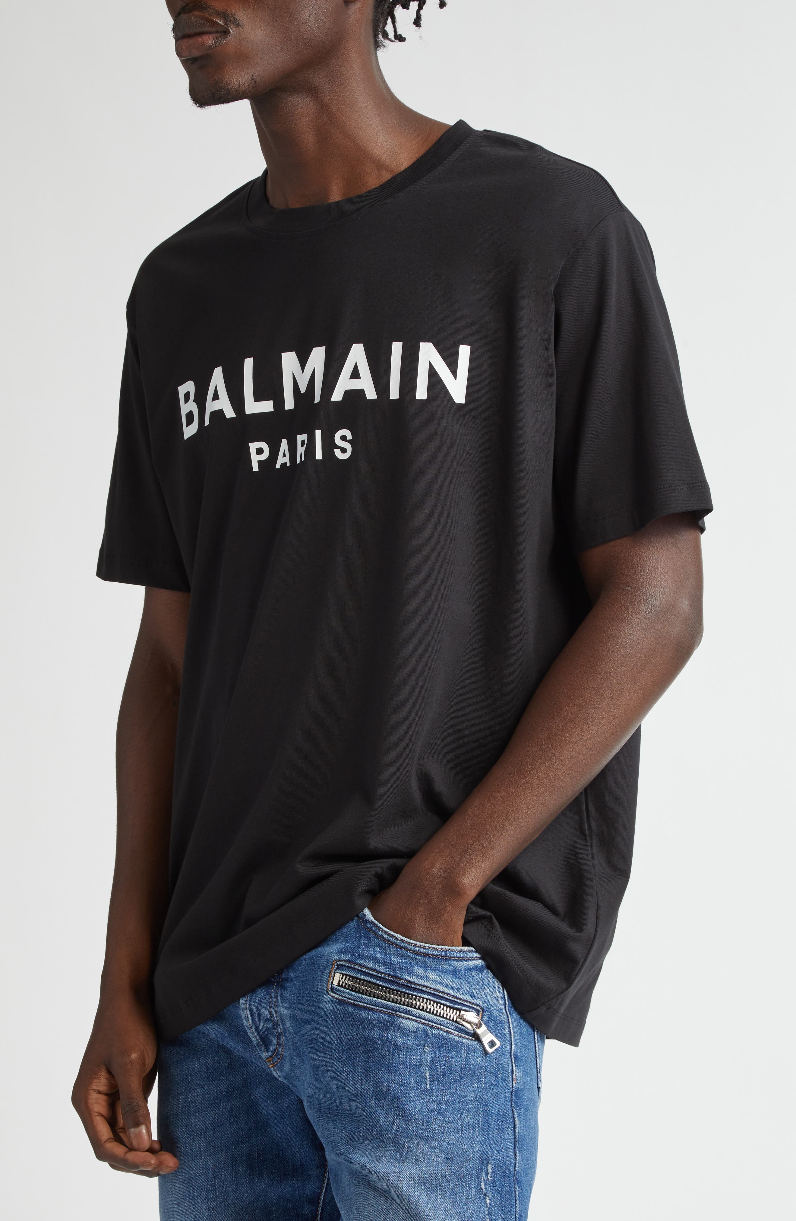 Balmain Logo Cotton T-Shirt in Eab Black/White at Nordstrom - 4