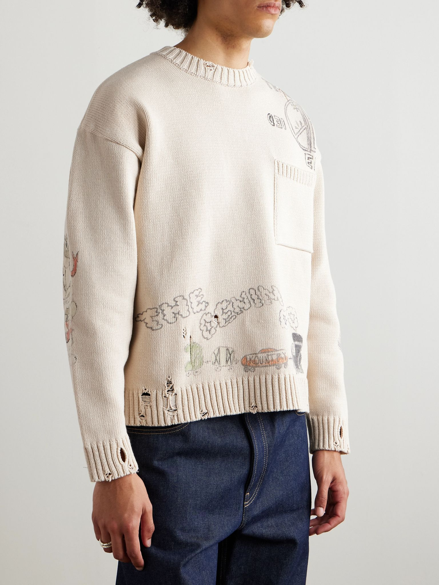 Distressed Printed Cotton Sweater Ecru - 3