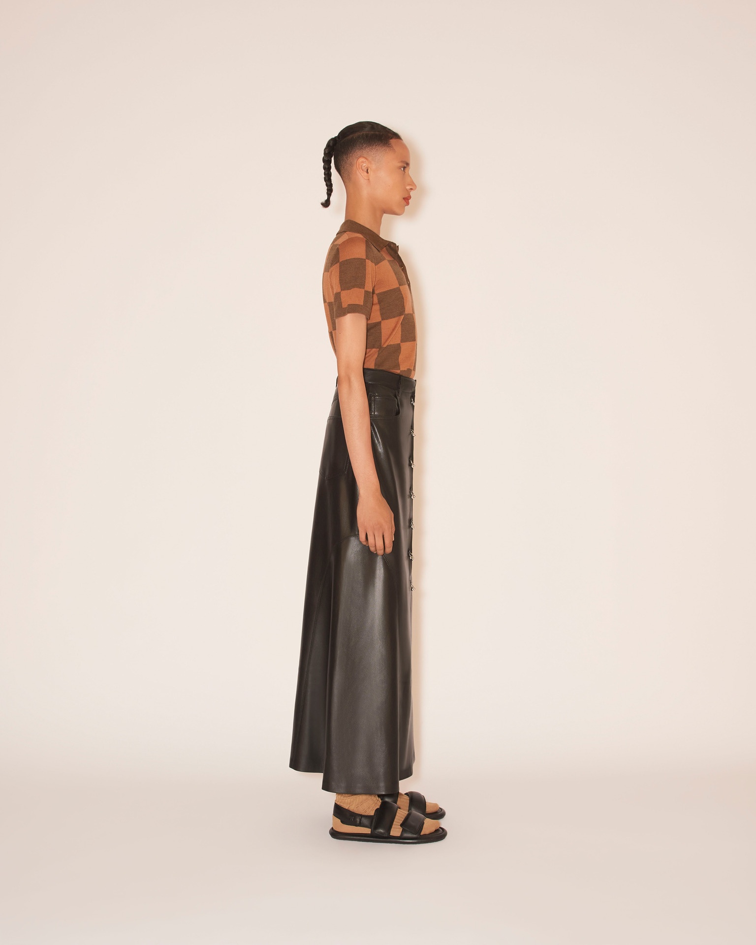 REZA - OKOBOR™ alt-leather button front midi skirt - Black - 4