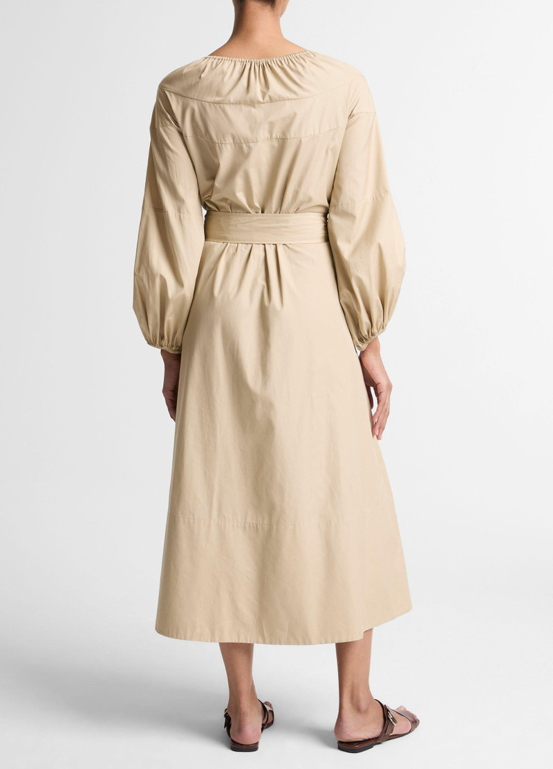 Vince Shirred Cotton Belted Tie-Neck Dress outlook