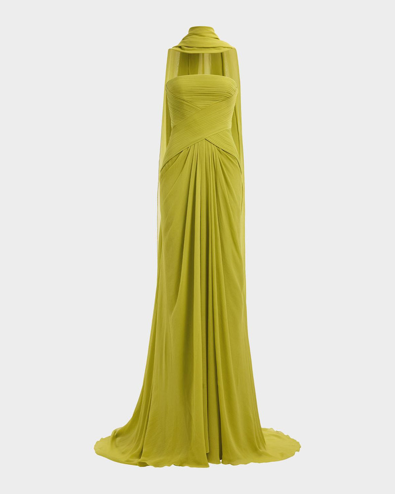 Strapless Crisscross Draped Silk Chiffon Gown With Neck Scarf 1