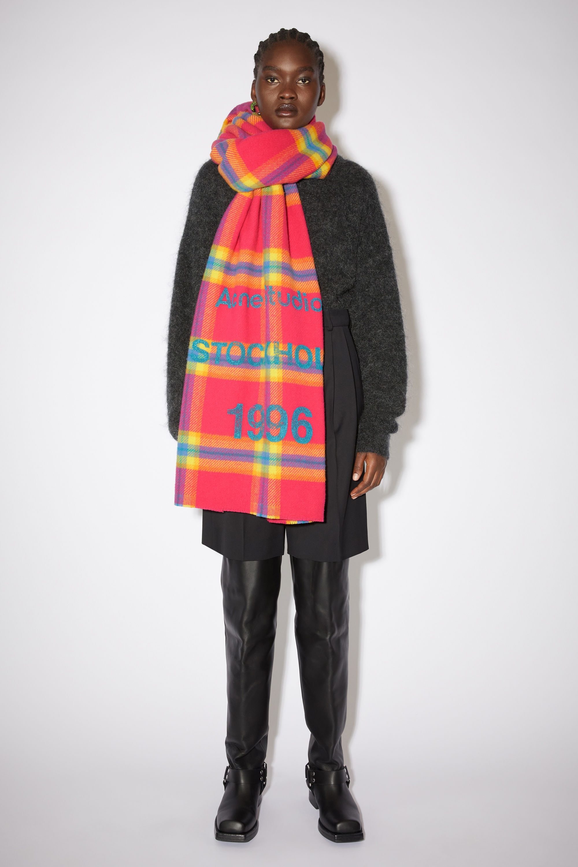 Wool logo print checked scarf - Fuchsia/yellow - 2