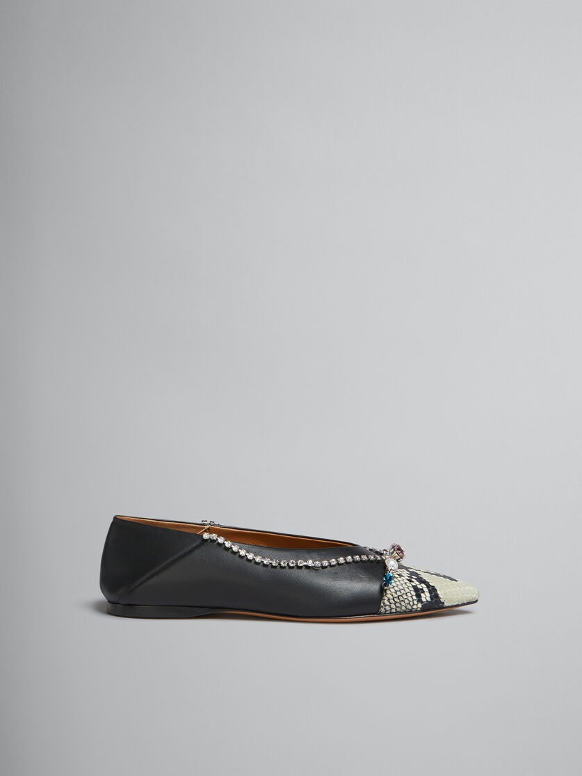 BLACK AND PYTHON-PRINT LEATHER BALLET FLAT WITH RHINESTONES - 1