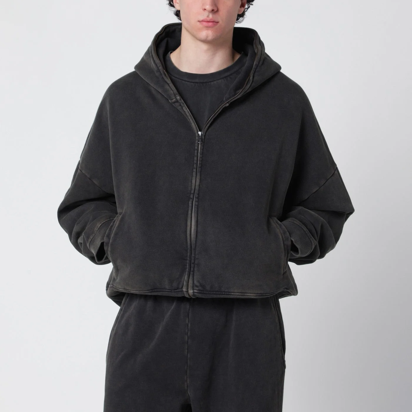 Washed black cotton zip-up hoodie - 1