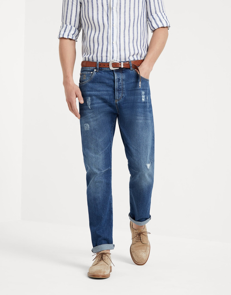 Comfort cotton denim leisure fit five-pocket trousers with rips 1