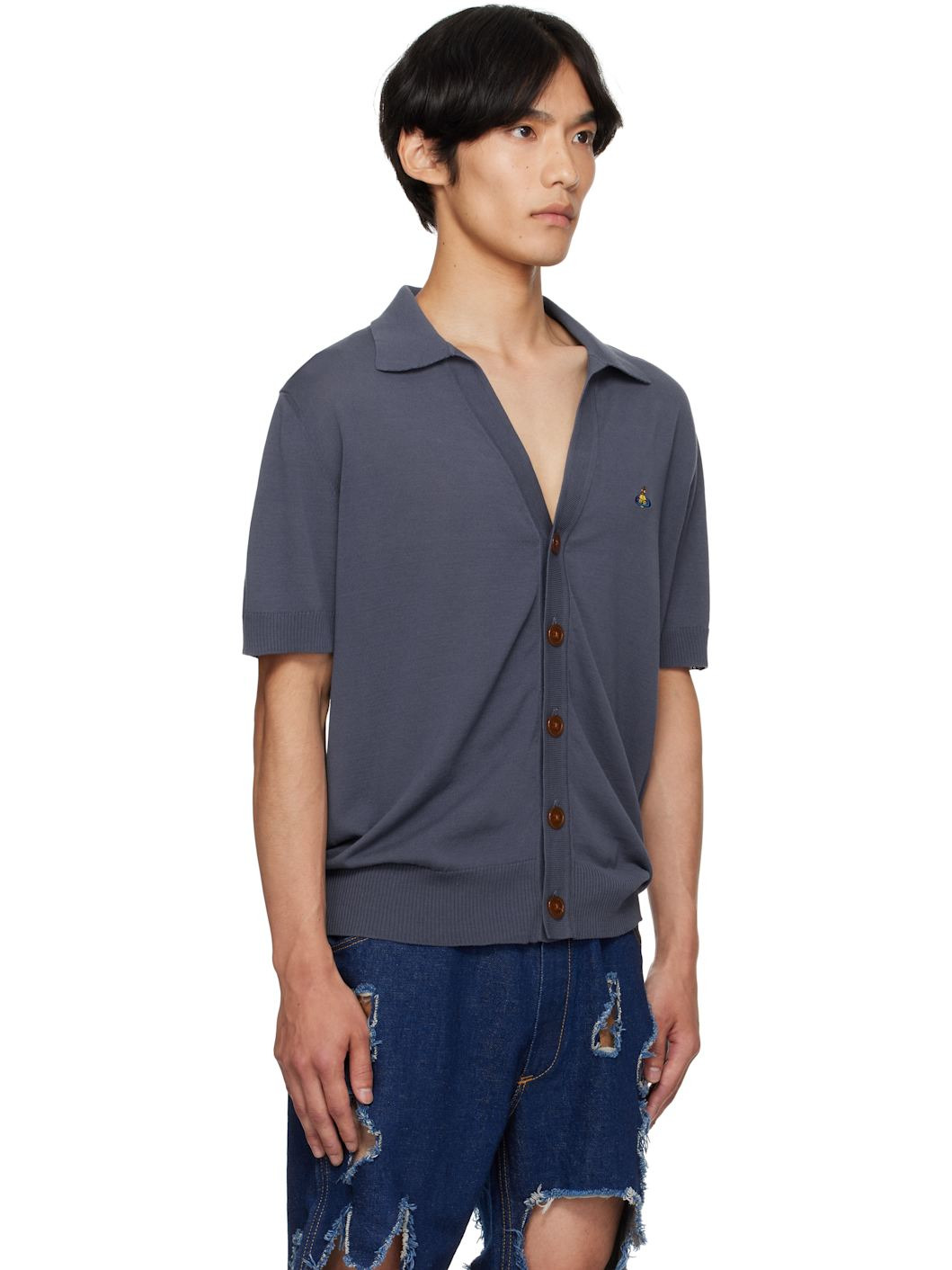 Blue Cotton Polo Cardigan - 2