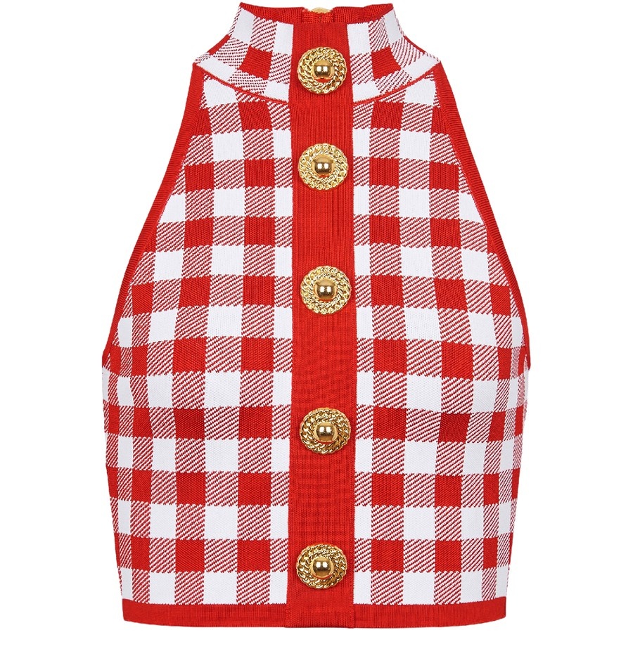 Fine-Gauge Knit Gingham Tank Top - 1