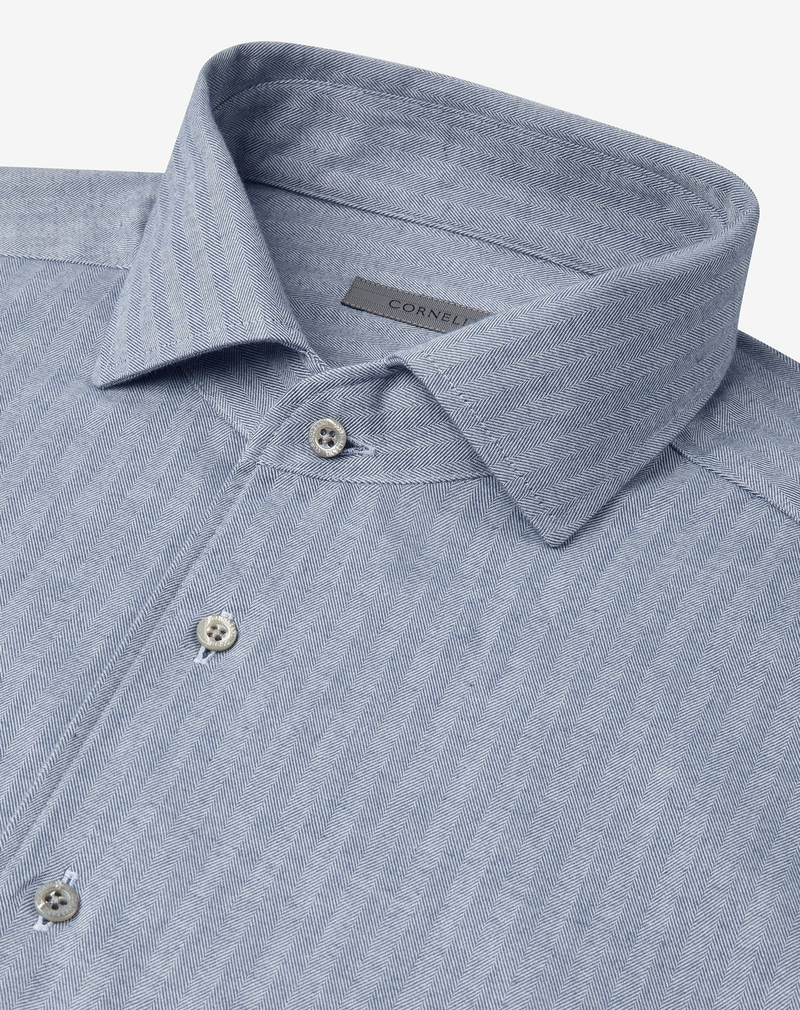 Blue and beige cotton flannel shirt with herringbone pattern - 4