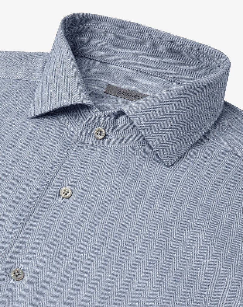 Blue and beige cotton flannel shirt with herringbone pattern 4