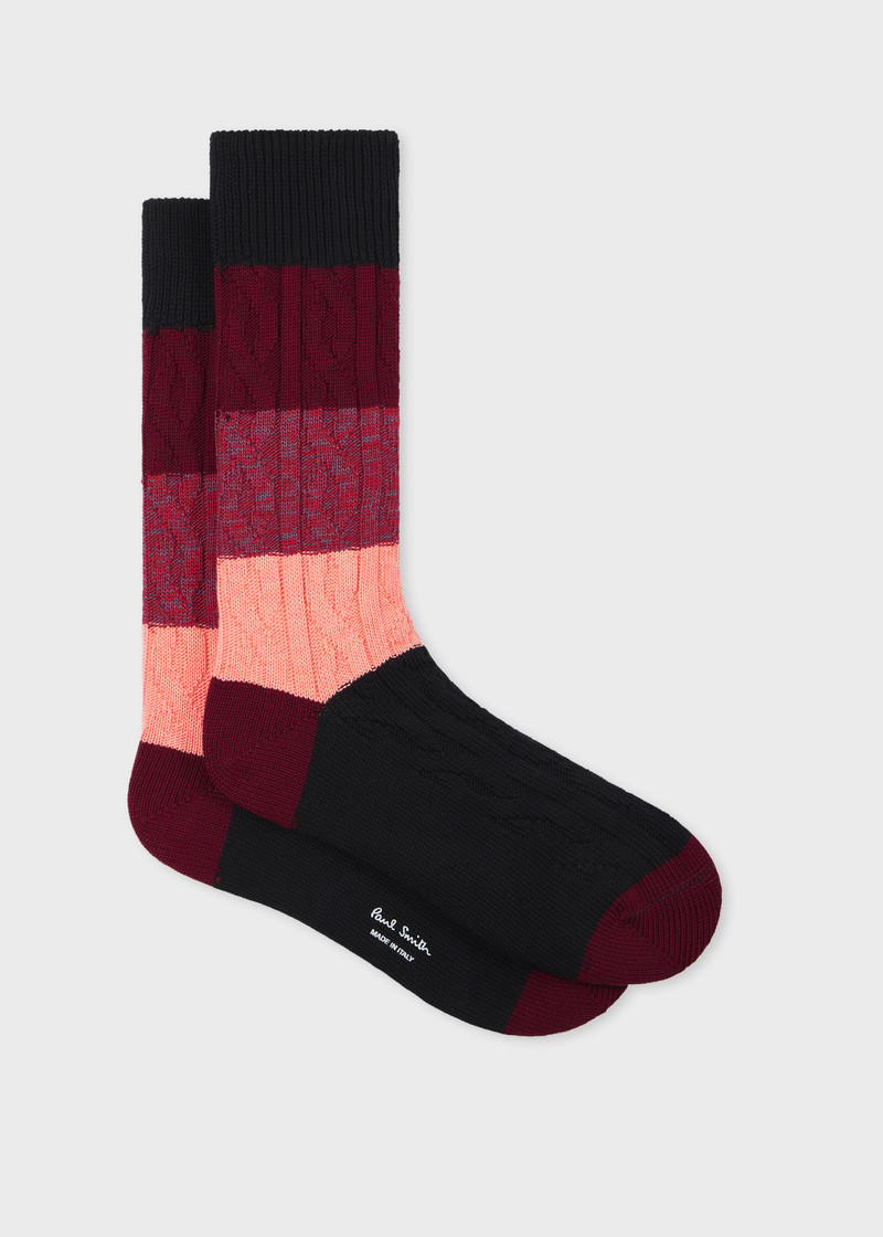 Black Cable Knit Block Stripe Socks 1