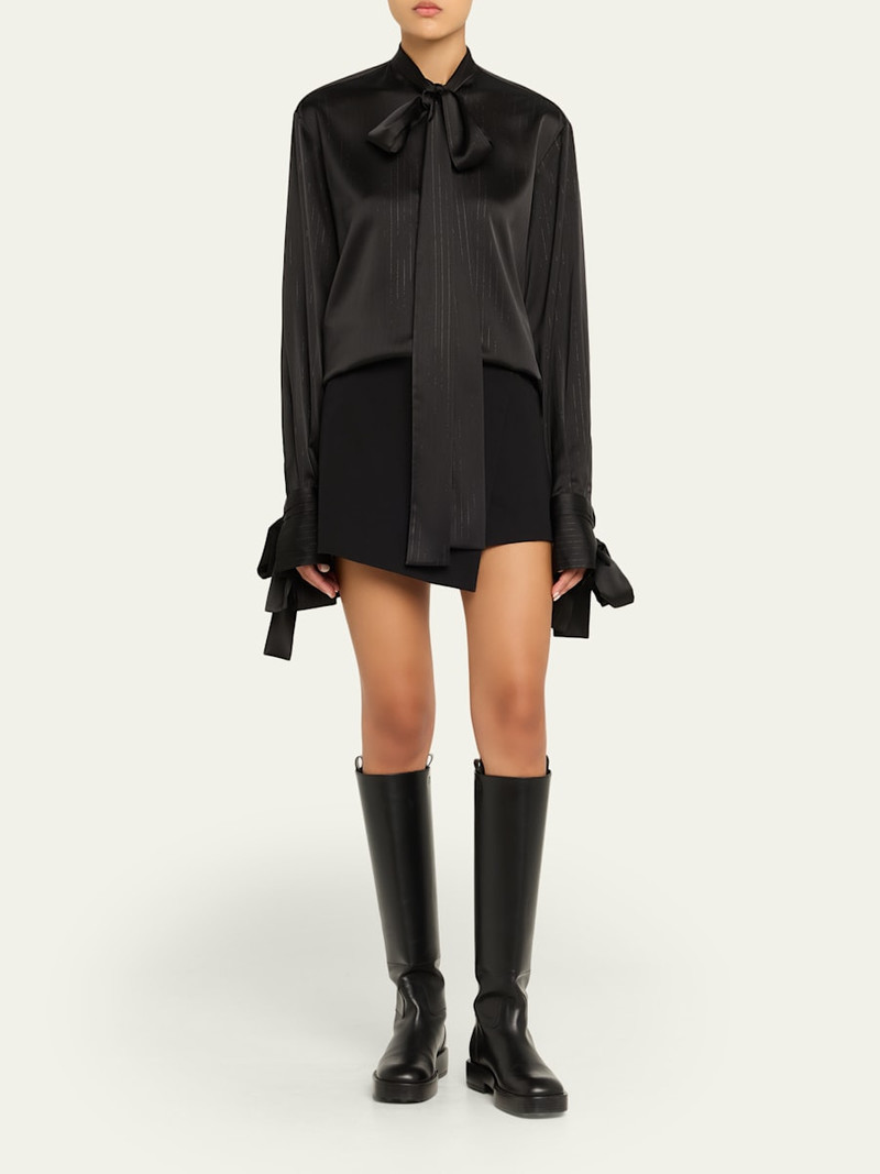 LaQuan Smith Bow-Neck Metallic Pinstripe Satin Blouse outlook