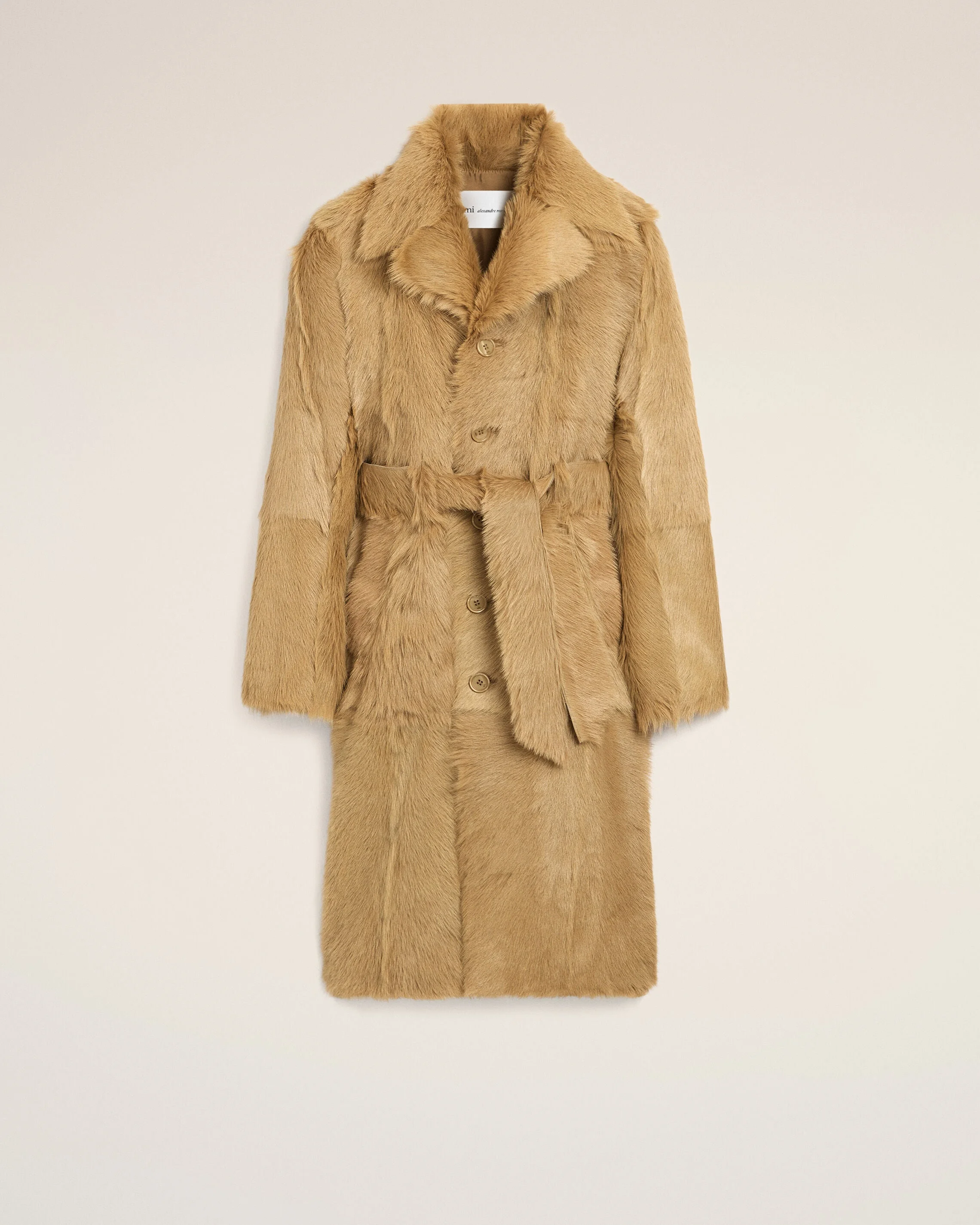LONG BEIGE GOAT LEATHER BELTED COAT - 1