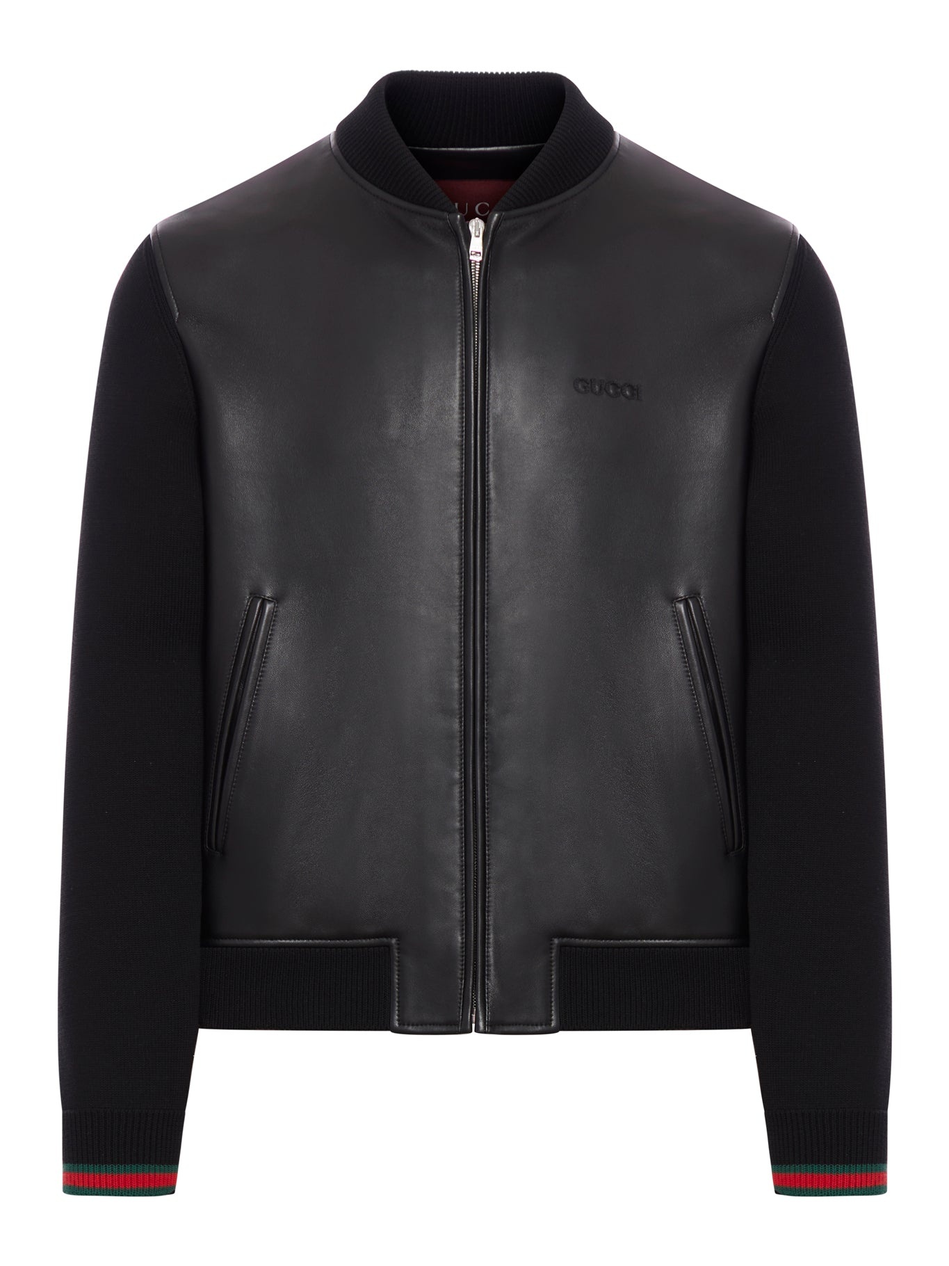 MA-1 Gucci Nappa And Knit Bomber Jacket Nappa leather and knit bomber jacket in black | GUCCI® US