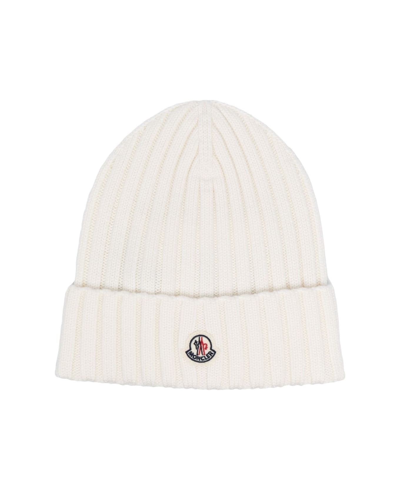 White Wool Beanie With Logo Patch - 1