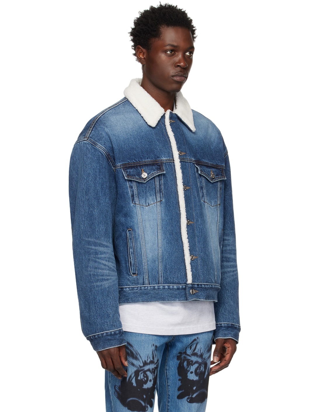 Navy Oversized Faux-Shearling Denim Jacket - 2