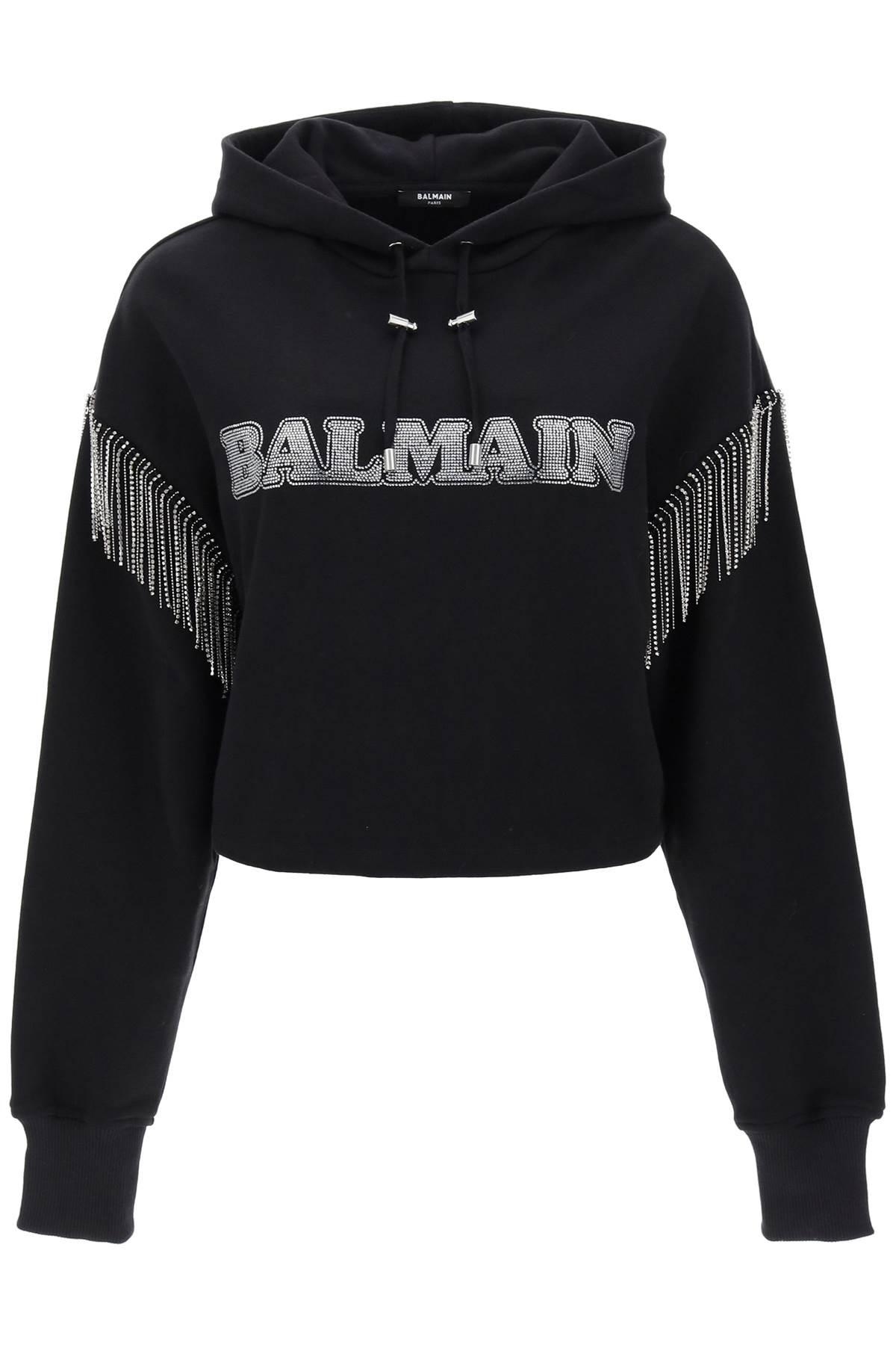 Balmain Cropped Hoodie With Rhinestone Studded Logo And Crystal Cupchains - 1