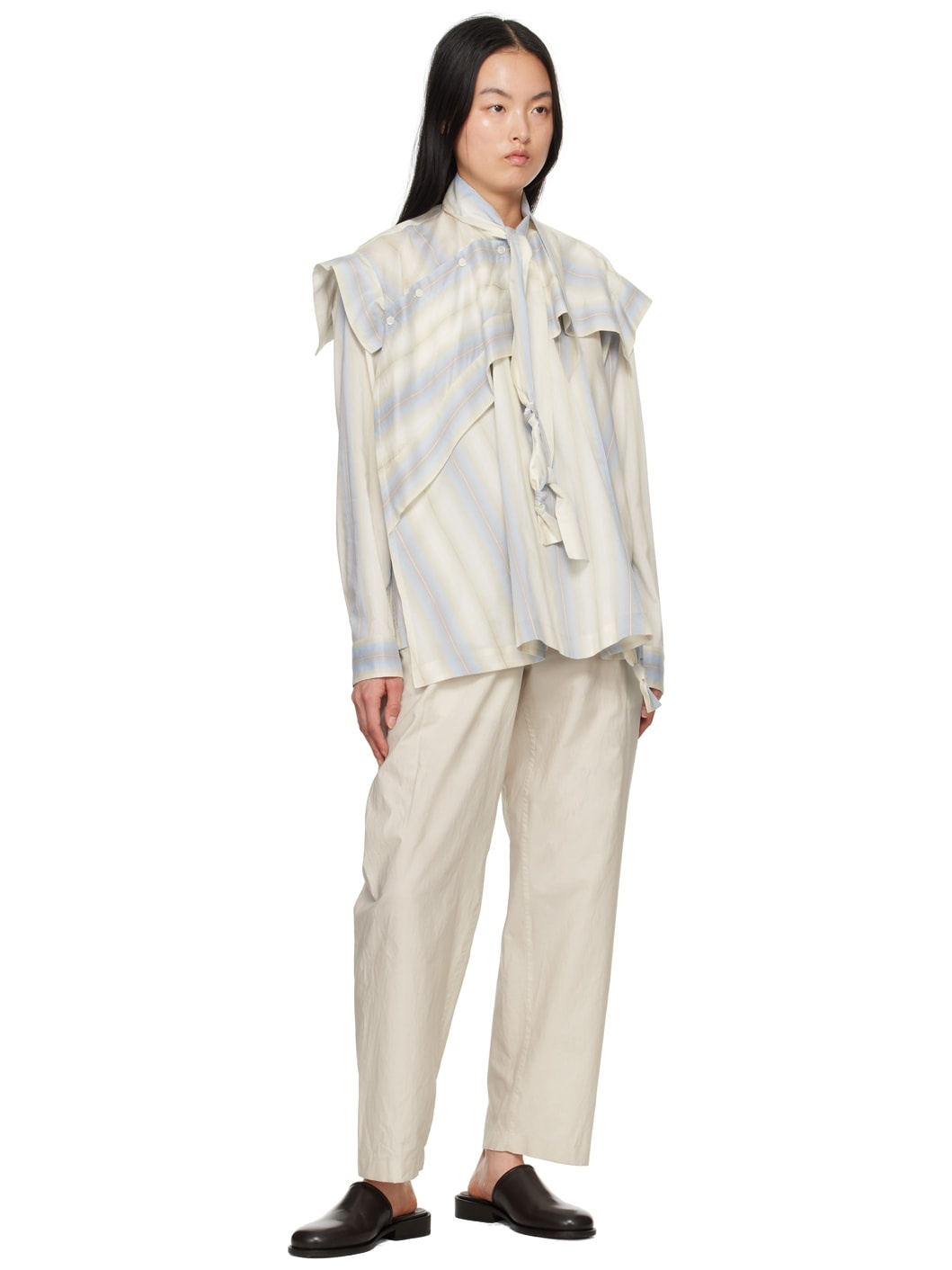 Blue & Off-White Asymmetrical Blouse - 4