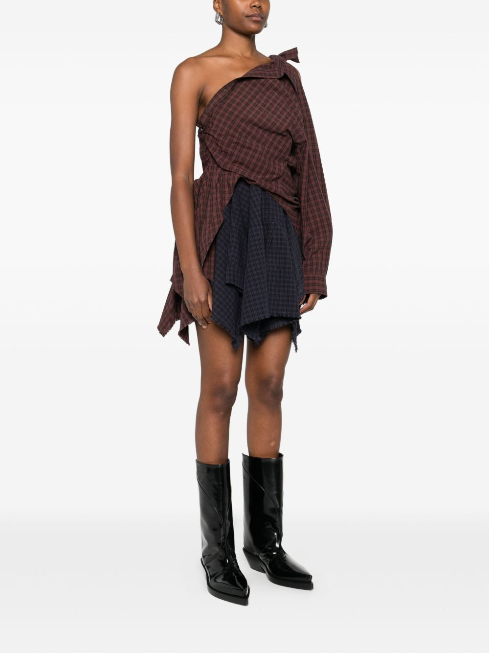 one-shoulder checked-pattern mini dress - 3
