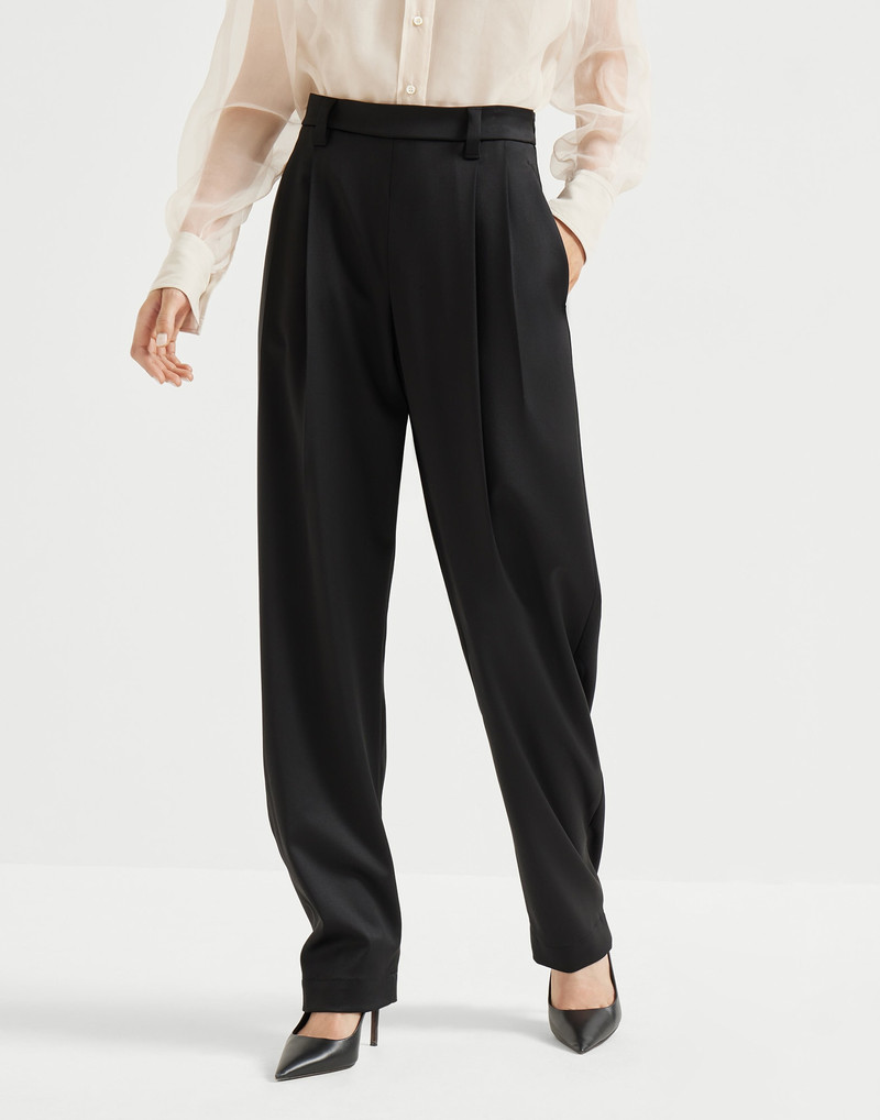 Virgin wool stretch satin slouchy trousers with monili 1
